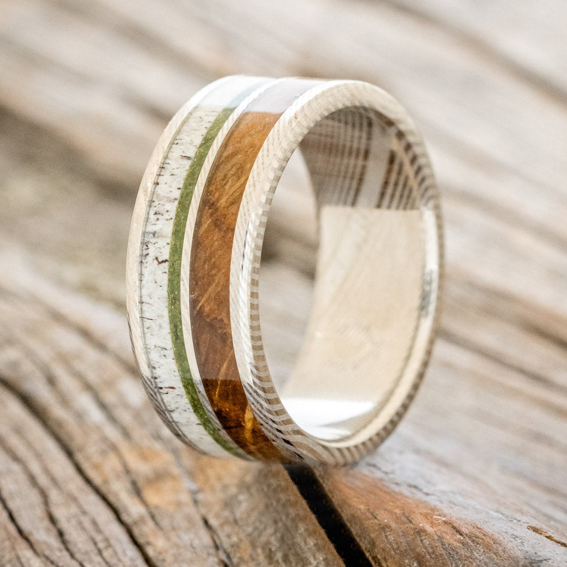 "DYAD" - MOSS, ANTLER & WHISKEY BARREL OAK WEDDING BAND-10