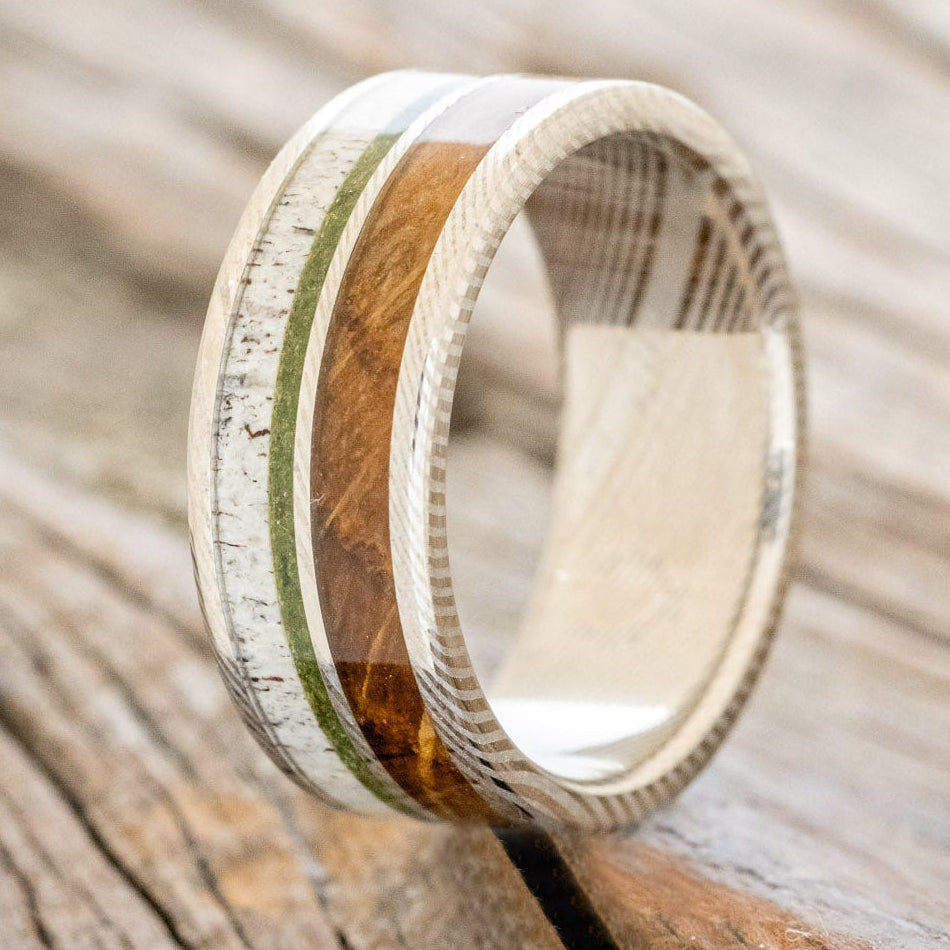 "DYAD" - MOSS, ANTLER & WHISKEY BARREL OAK WEDDING BAND-10