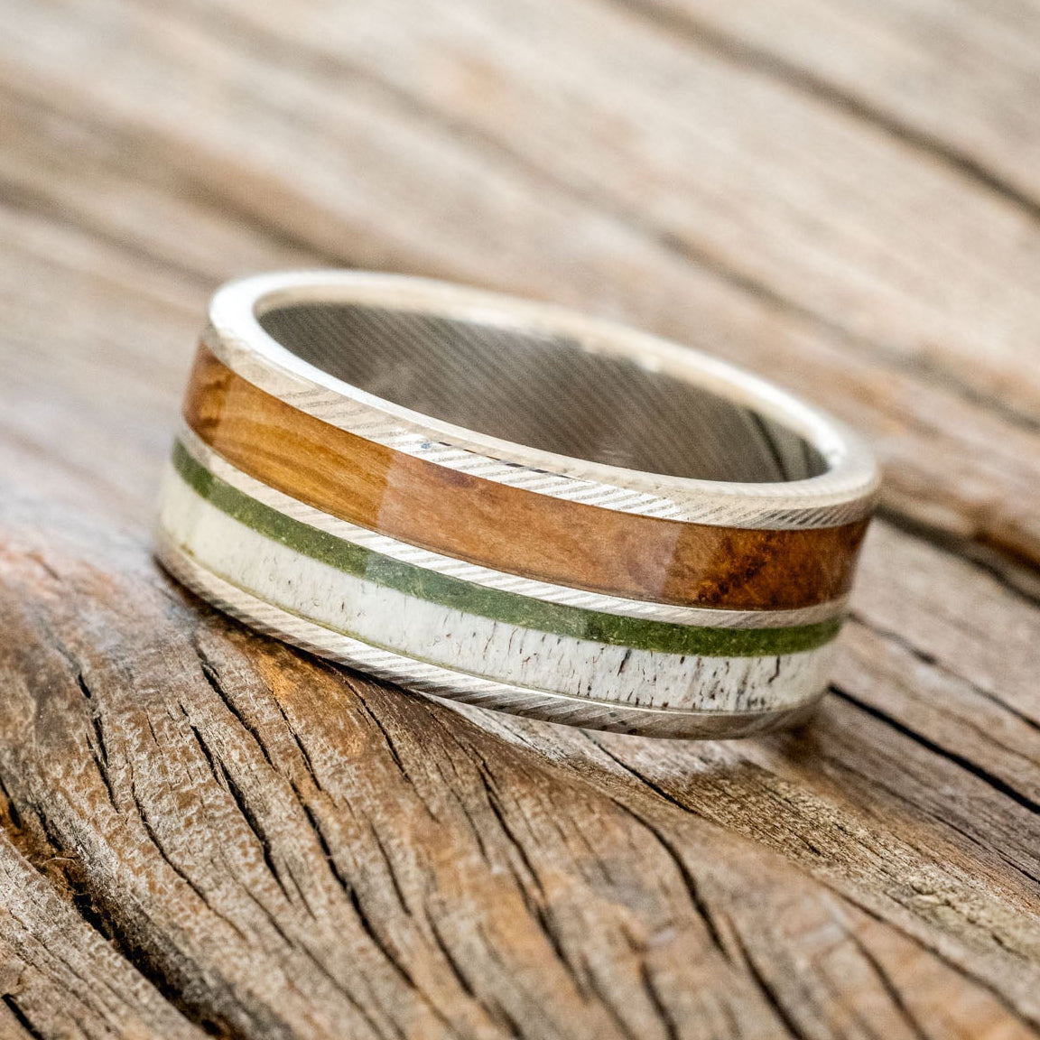 "DYAD" - MOSS, ANTLER & WHISKEY BARREL OAK WEDDING BAND-11