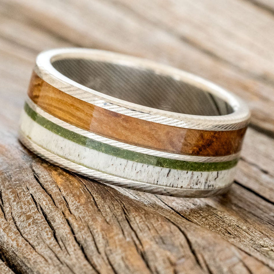 "DYAD" - MOSS, ANTLER & WHISKEY BARREL OAK WEDDING BAND-11