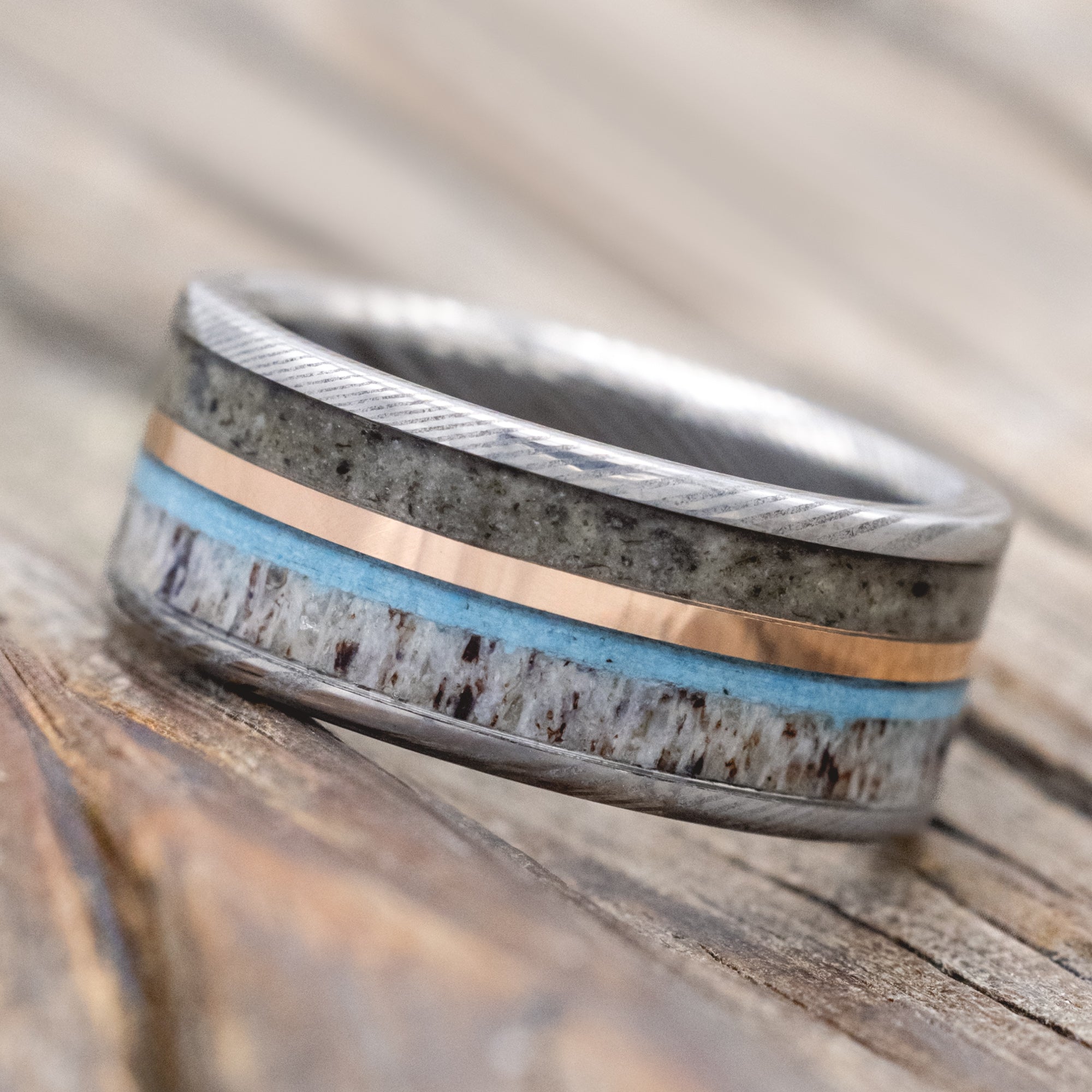 "ELEMENT" - MOONSTONE, TURQUOISE, ANTLER & 14K ROSE GOLD INLAY WEDDING BAND-Staghead Designs