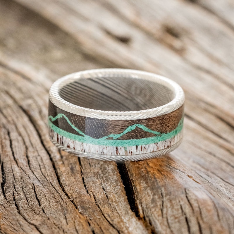 "THE EXPEDITION" - MOUNTAIN ENGRAVED WEDDING RING WITH ANTLER INLAY-Staghead Designs