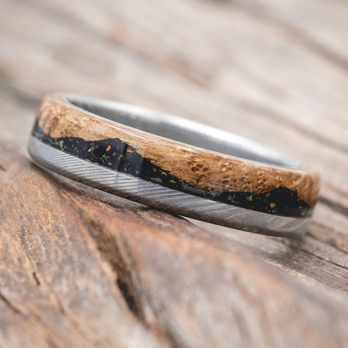 "EZRA" - WHISKEY BARREL OAK WITH JET STONE & OPAL MIX WEDDING BAND-Staghead Designs