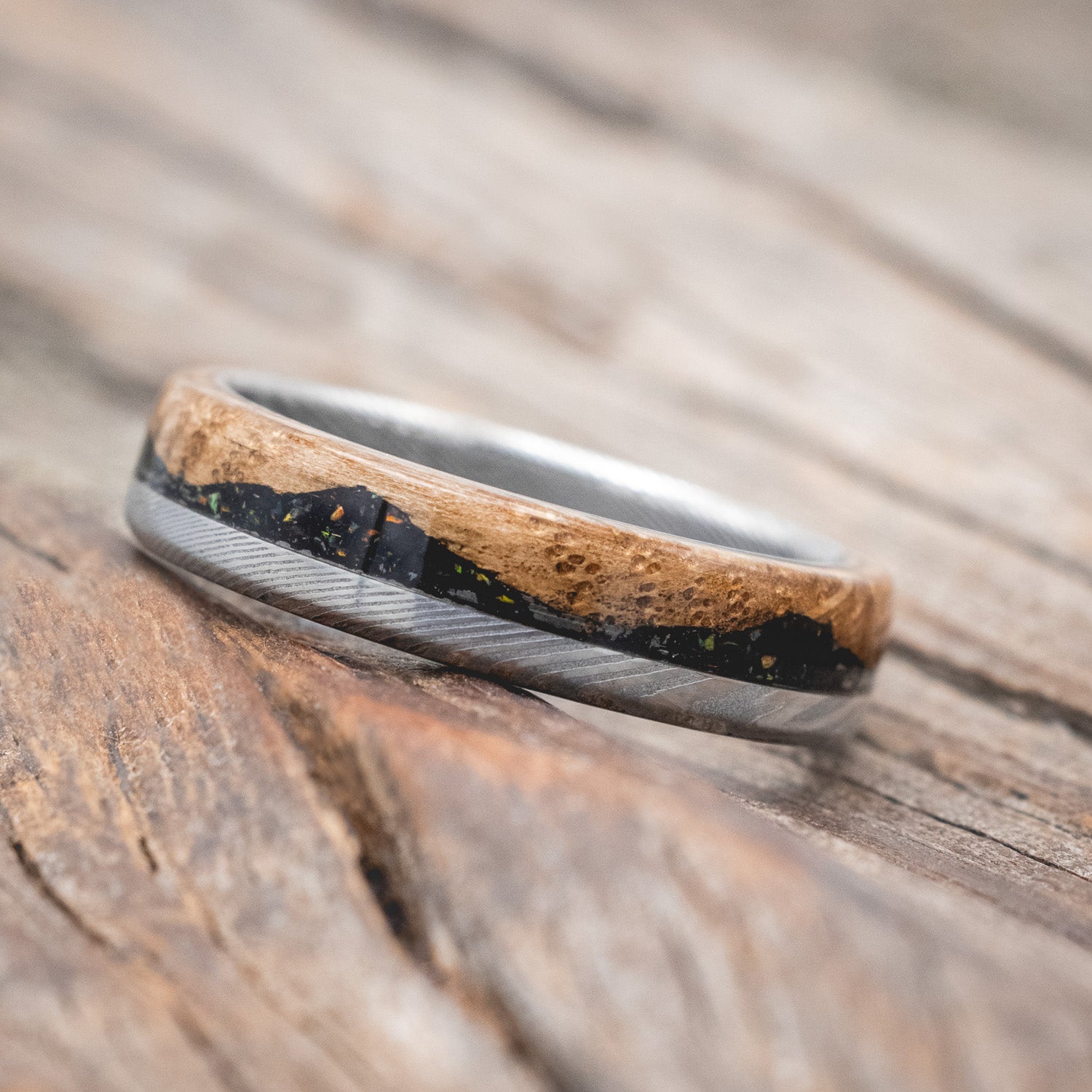 "EZRA" - WHISKEY BARREL OAK WITH JET STONE & OPAL MIX WEDDING BAND-Staghead Designs