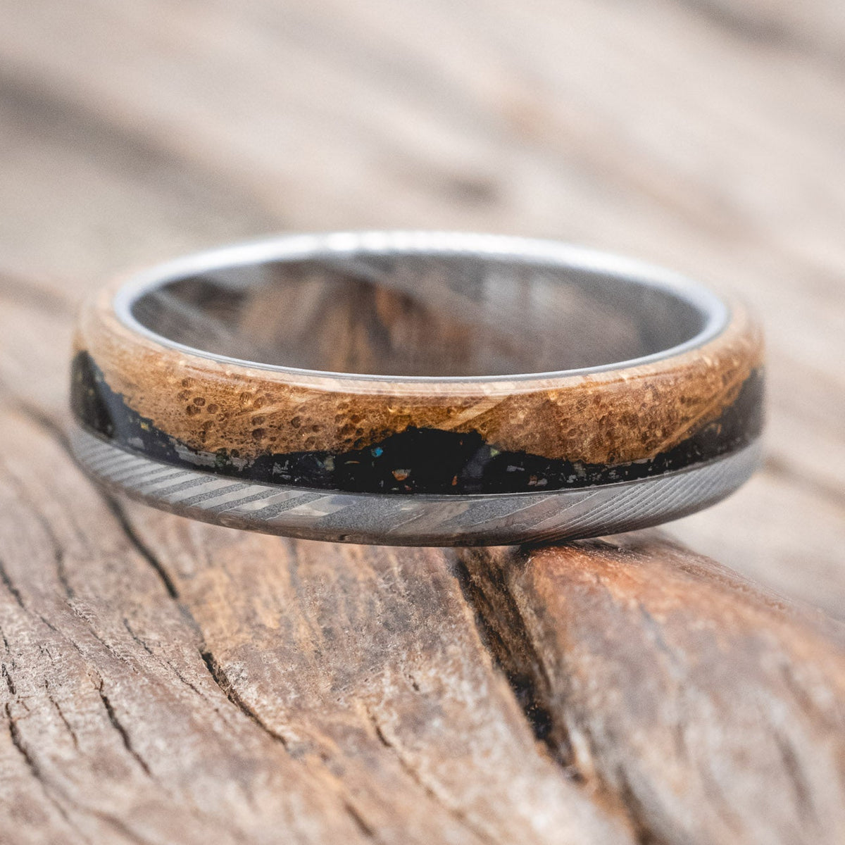 "EZRA" - WHISKEY BARREL OAK WITH JET STONE & OPAL MIX WEDDING BAND-Staghead Designs