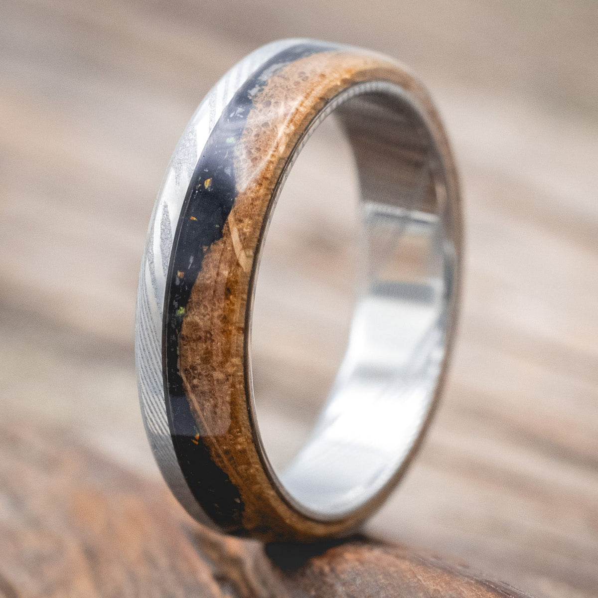 "EZRA" - WHISKEY BARREL OAK WITH JET STONE & OPAL MIX WEDDING BAND-Staghead Designs