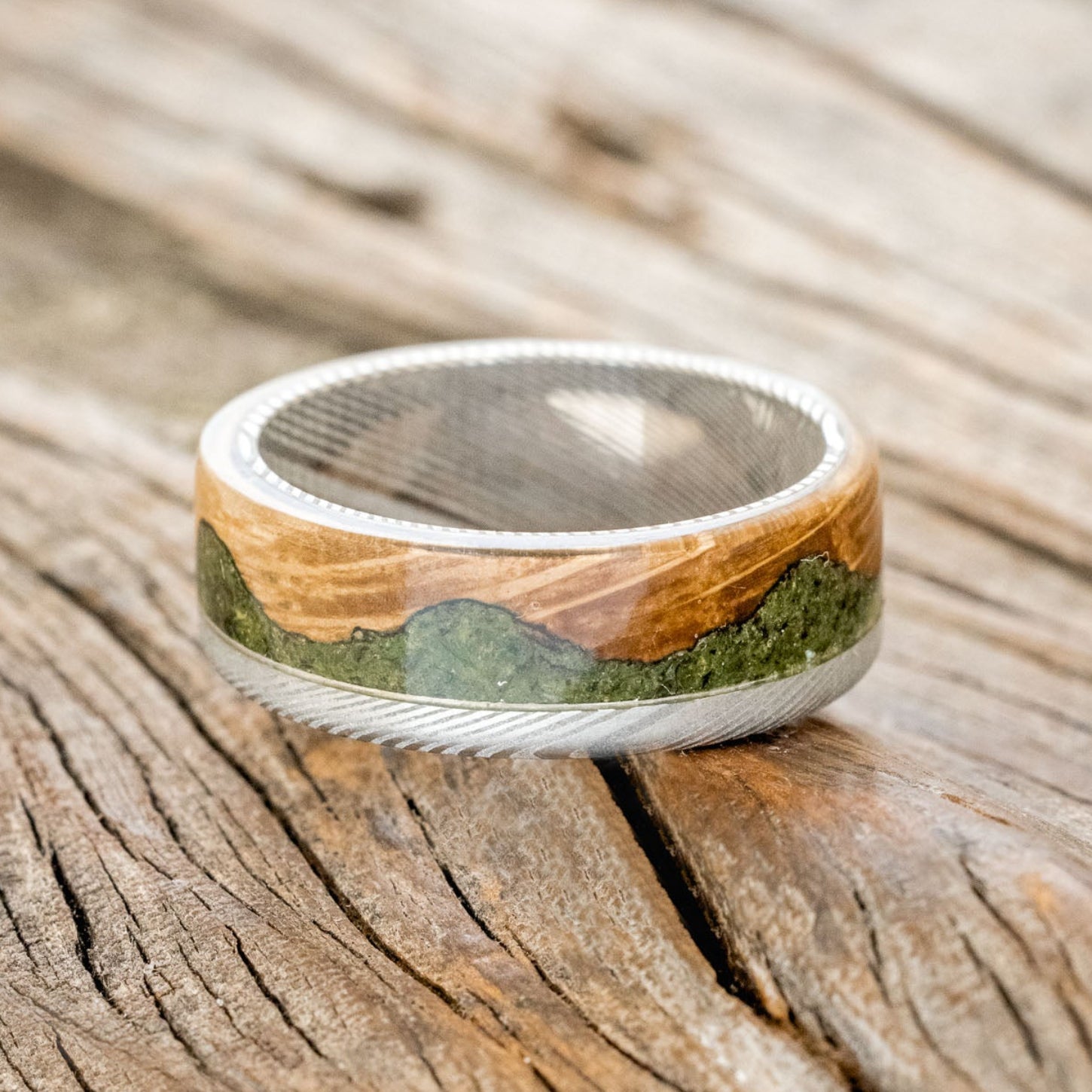 "EZRA" - WHISKEY BARREL OAK WITH MOSS WEDDING RING-9