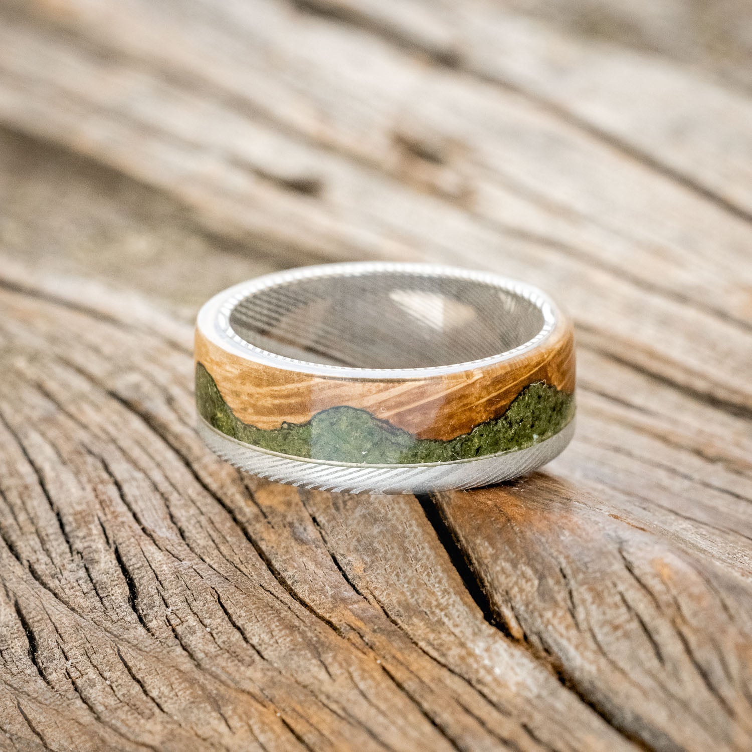 "EZRA" - WHISKEY BARREL OAK WITH MOSS WEDDING RING-9