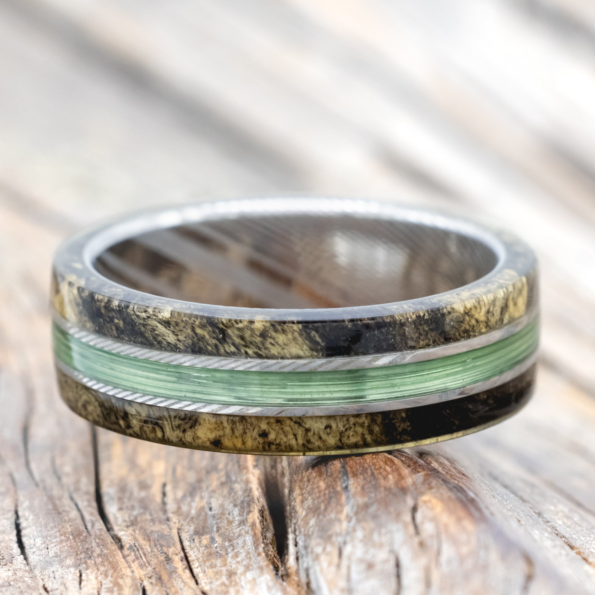 "GLEN" - BUCKEYE BURL WOOD & FISHING LINE WEDDING BAND-Staghead Designs