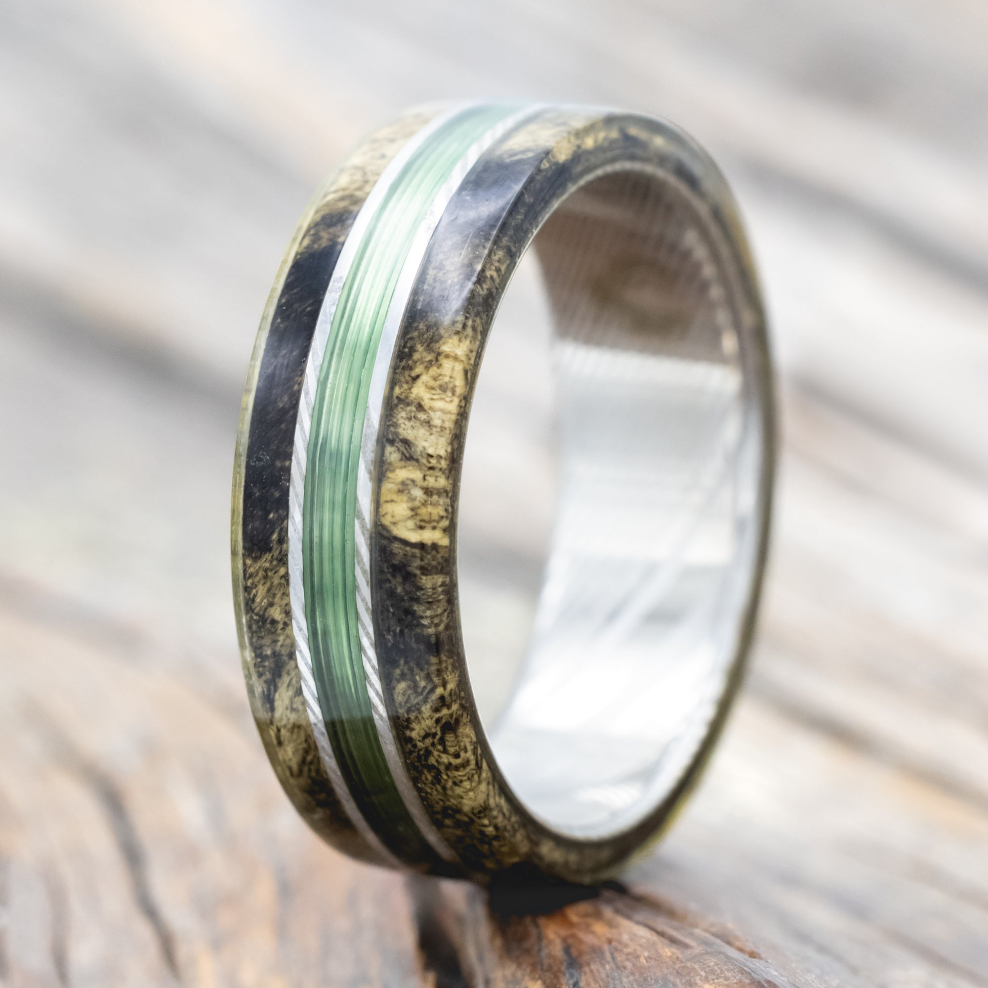 "GLEN" - BUCKEYE BURL WOOD & FISHING LINE WEDDING BAND-Staghead Designs