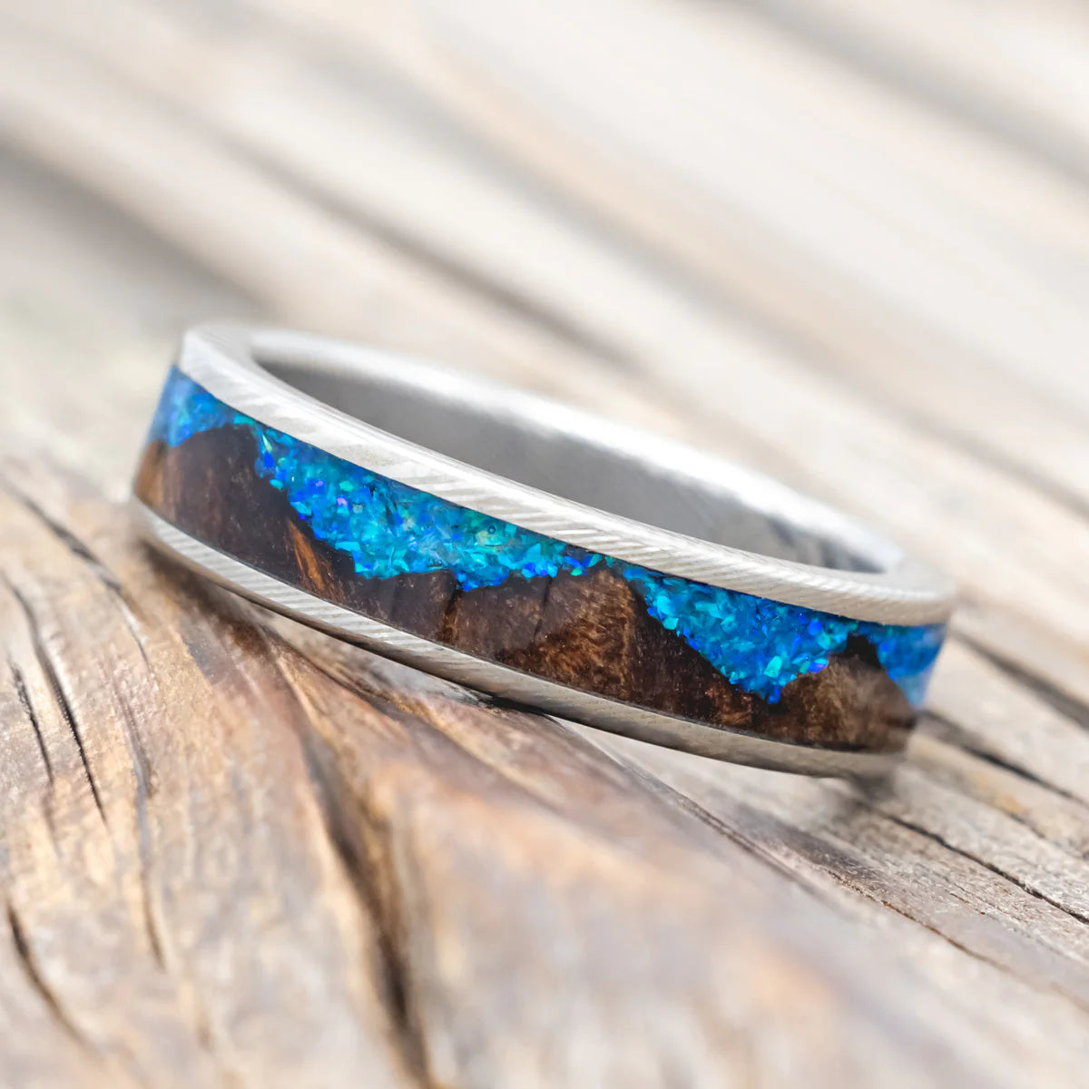 "Helios" - Redwood & Blue Opal Wedding Band - Damascus Steel (6mm) - Size 9 3/4