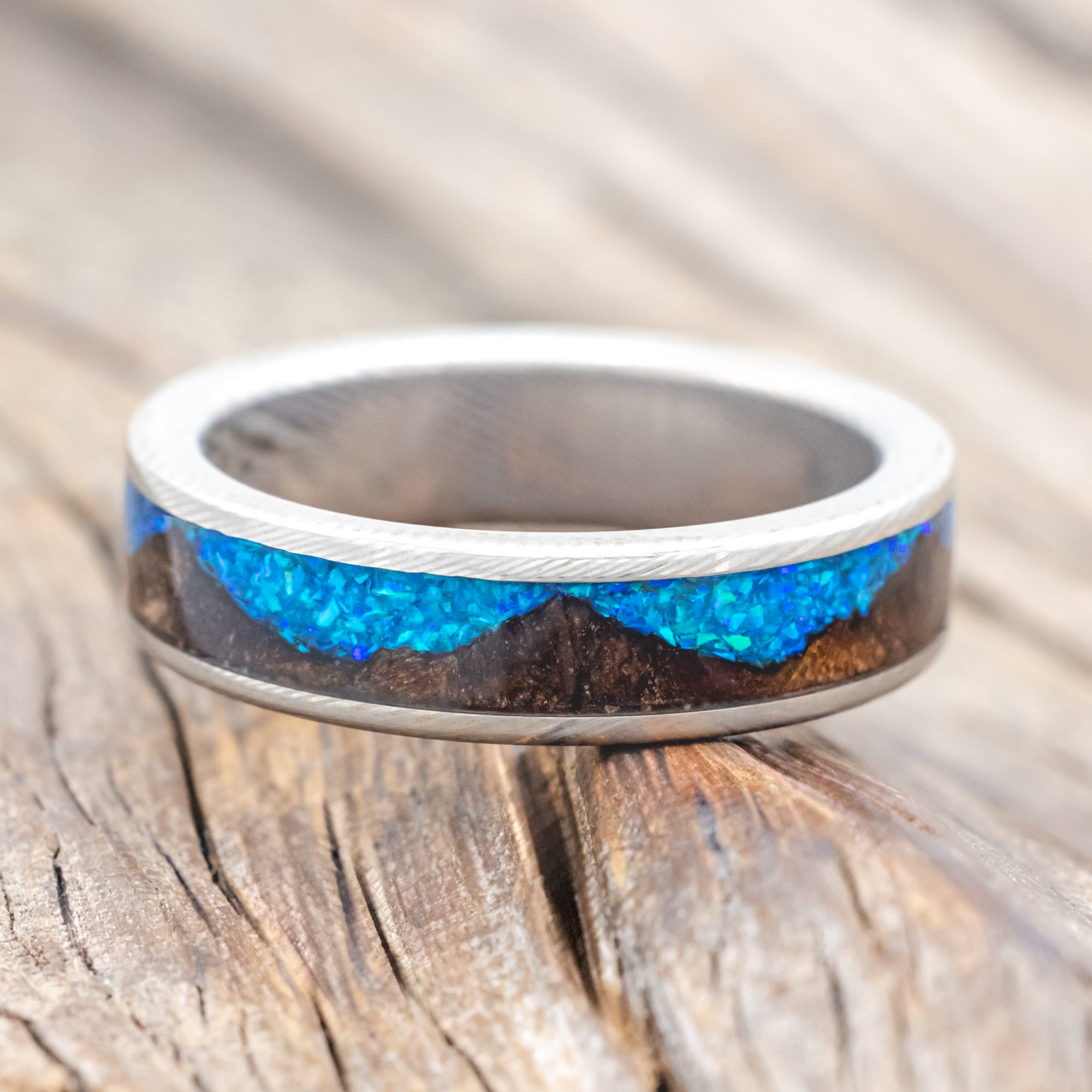 "HELIOS" - REDWOOD & BLUE OPAL WEDDING BAND-Staghead Designs