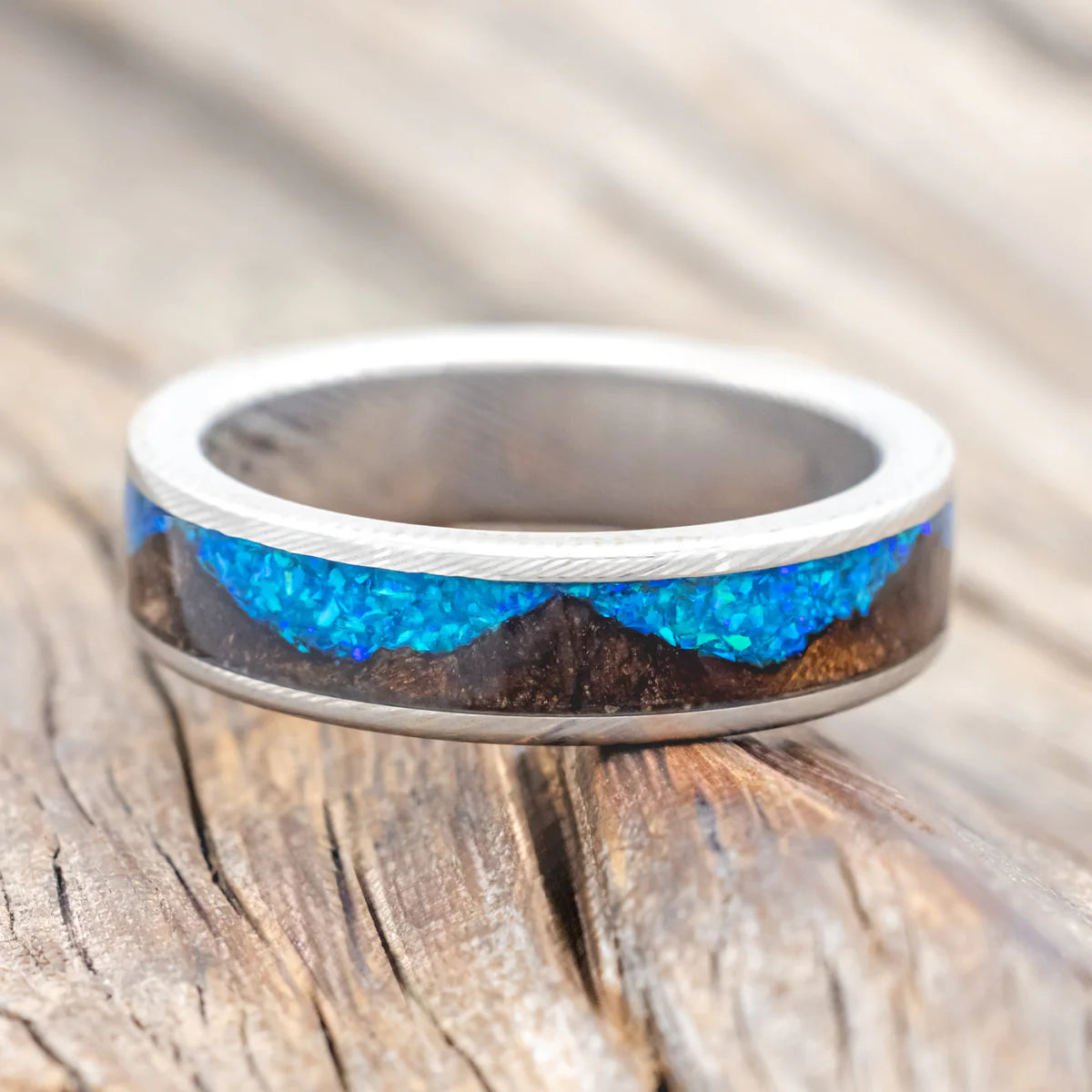 "Helios" - Redwood & Blue Opal Wedding Band - Damascus Steel (6mm) - Size 9 3/4