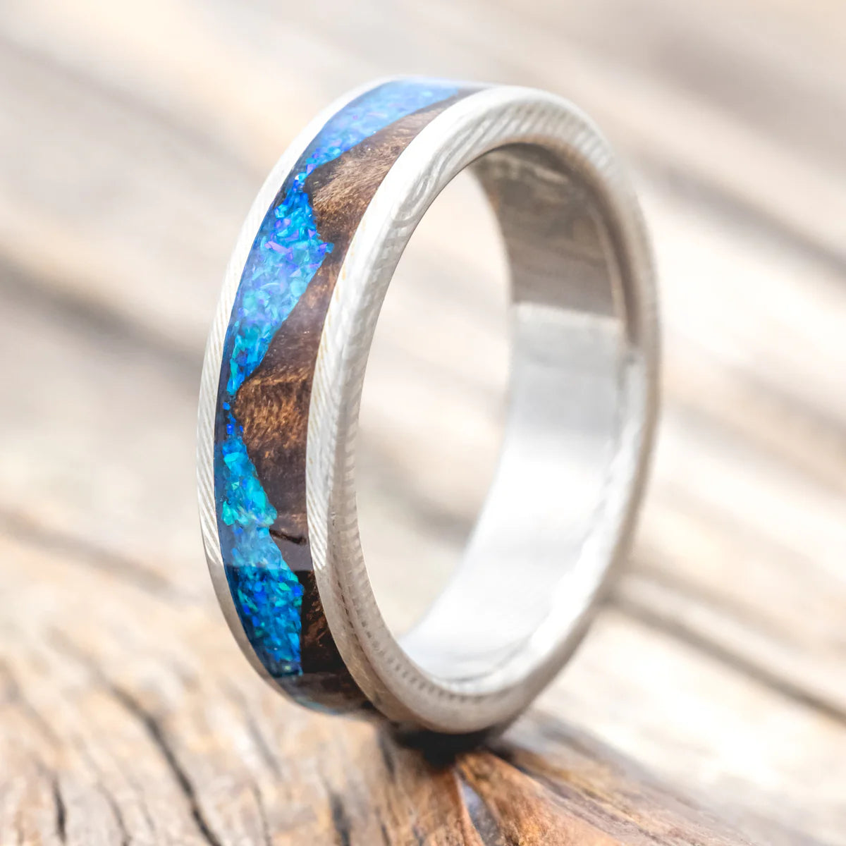 "Helios" - Redwood & Blue Opal Wedding Band - Damascus Steel (6mm) - Size 9 3/4