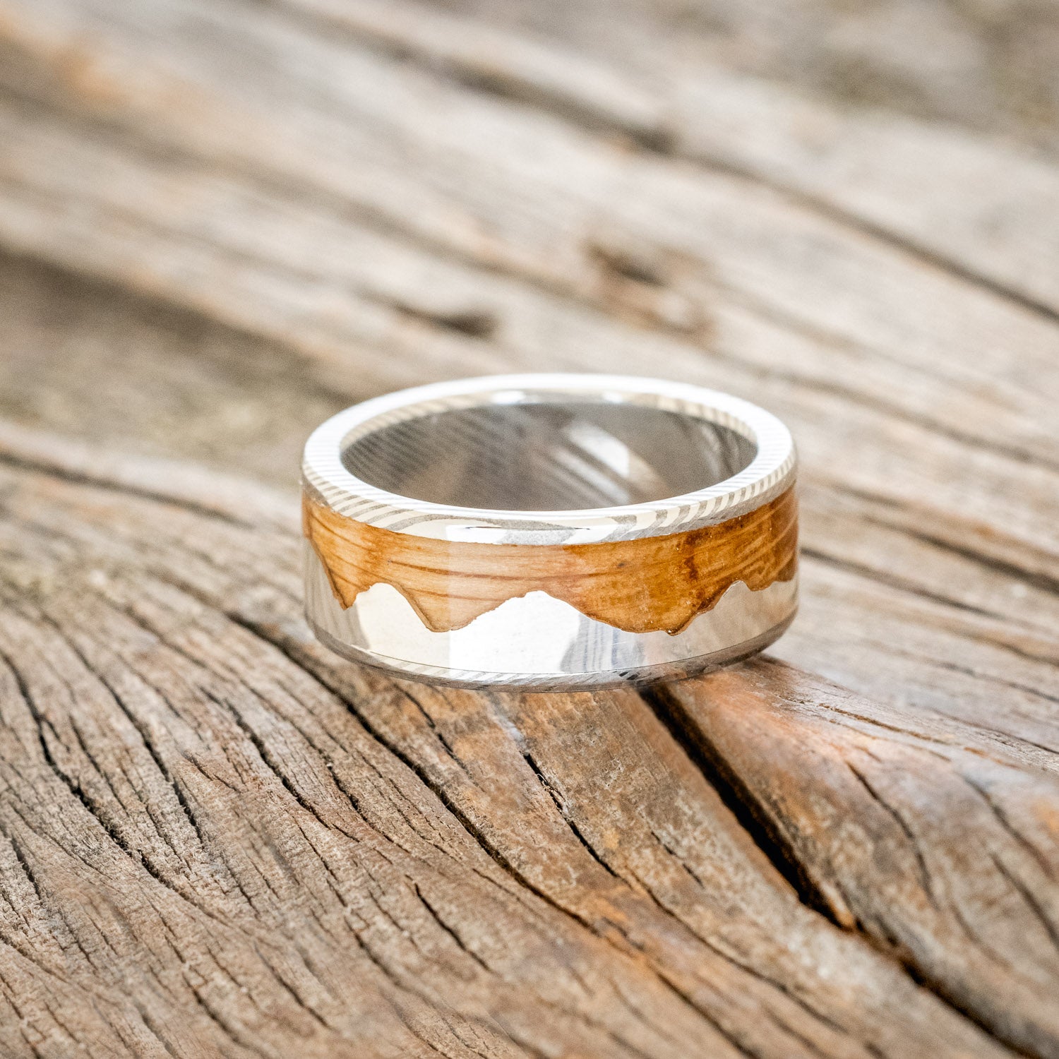 "HELIOS" - WHISKEY BARREL OAK & SILVER MOUNTAIN RANGE WEDDING BAND-12
