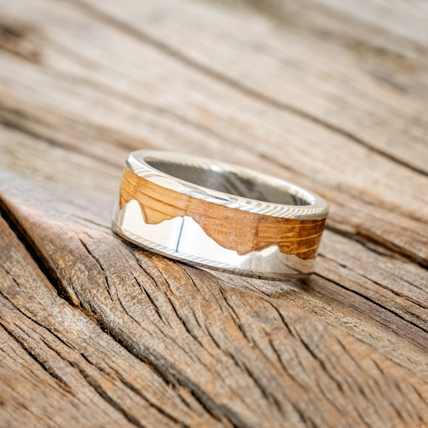 "HELIOS" - WHISKEY BARREL OAK & SILVER MOUNTAIN RANGE WEDDING BAND-11