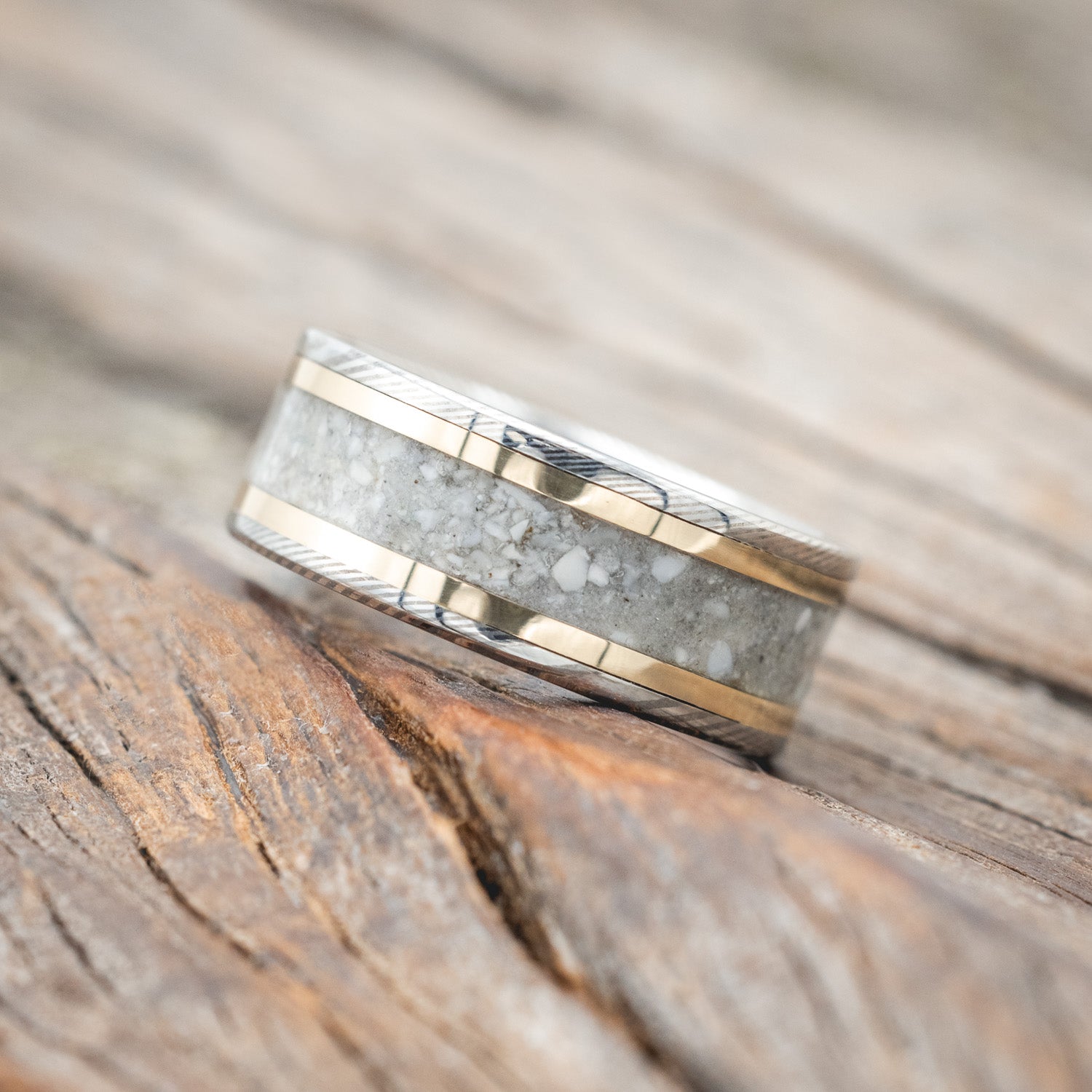 "HOLLIS" - ELK TOOTH IVORY & 14K GOLD INLAYS WEDDING RING FEATURING A HAMMERED BAND-Staghead Designs