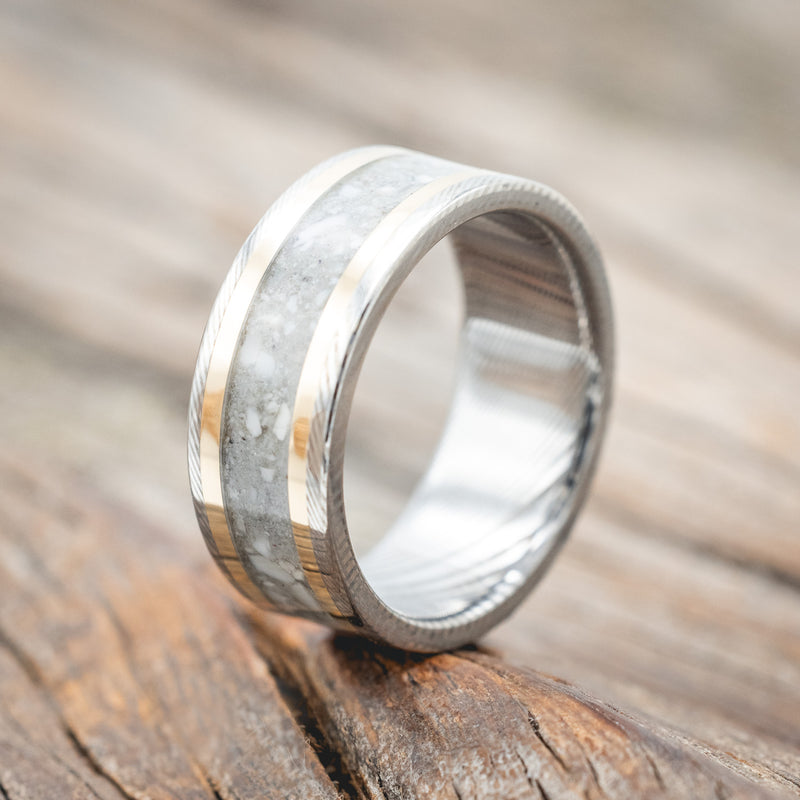 "HOLLIS" - ELK TOOTH IVORY & 14K GOLD INLAYS WEDDING RING FEATURING A HAMMERED BAND