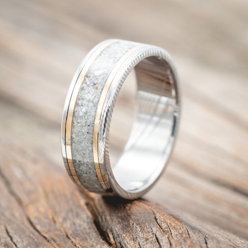 "HOLLIS" - ELK TOOTH IVORY & 14K GOLD INLAYS WEDDING RING FEATURING A HAMMERED BAND