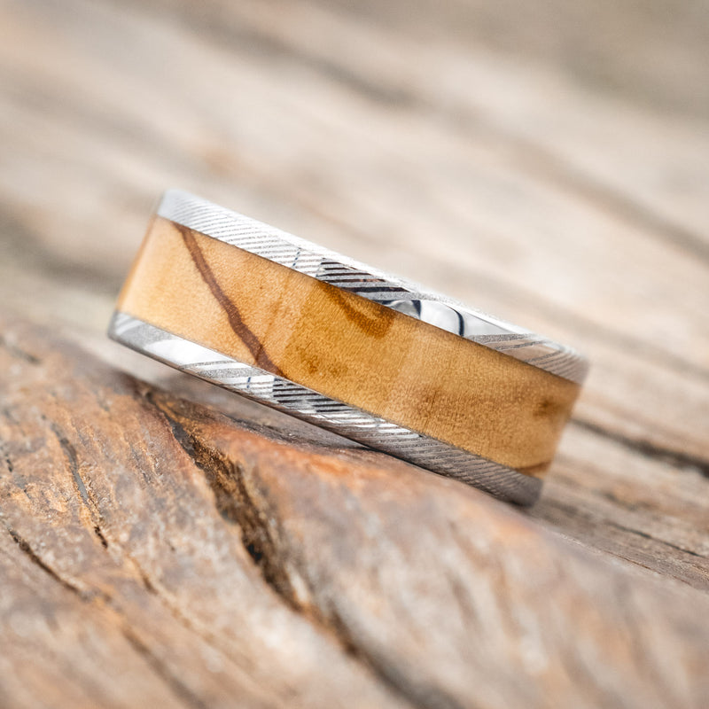 "HOLLIS" - OLIVE WOOD & DAMASCUS STEEL INLAYS WEDDING RING