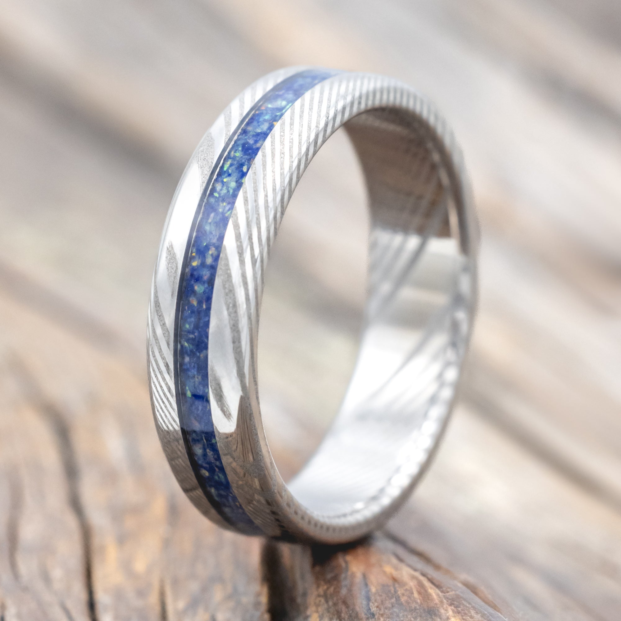 "NIRVANA" - WEDDING BAND WITH MIXED LAPIS LAZULI AND FIRE & ICE OPAL INLAY-Staghead Designs