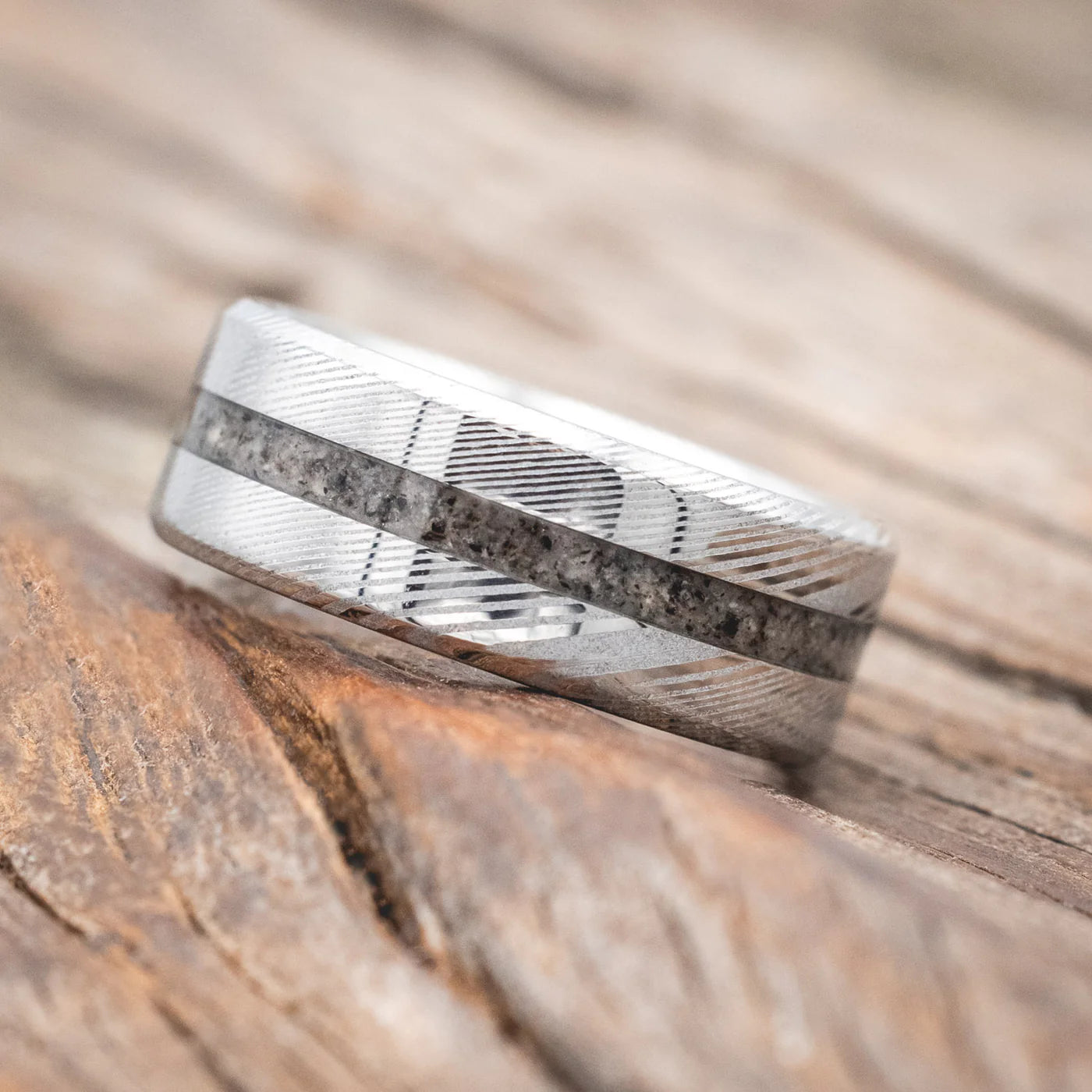 "NIRVANA" - CENTERED GRANITE WEDDING BAND - DAMASCUS STEEL - SIZE 9-Staghead Designs