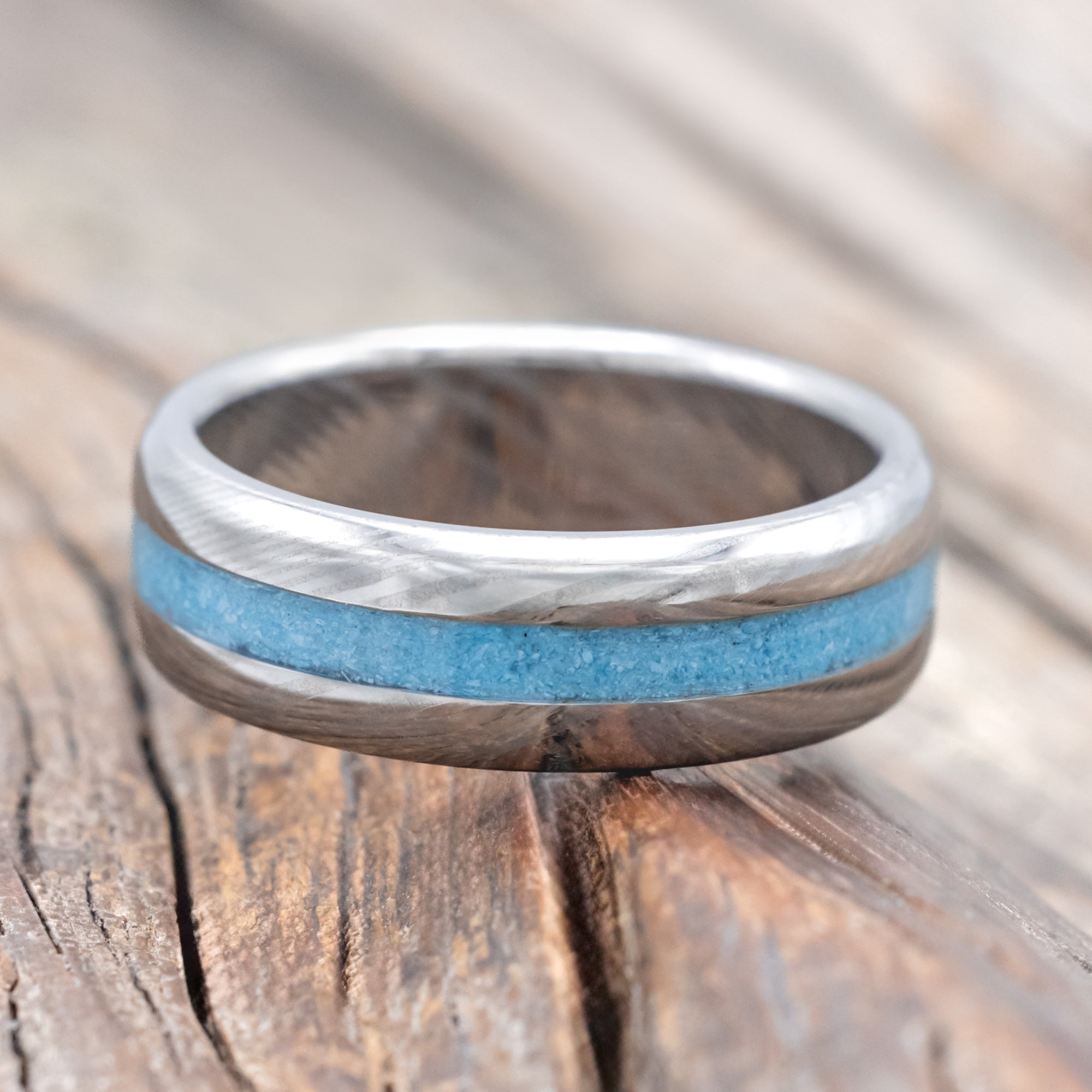 "NIRVANA" - CENTERED TURQUOISE INLAY WEDDING BAND WITH CUSTOM FINISH-Staghead Designs