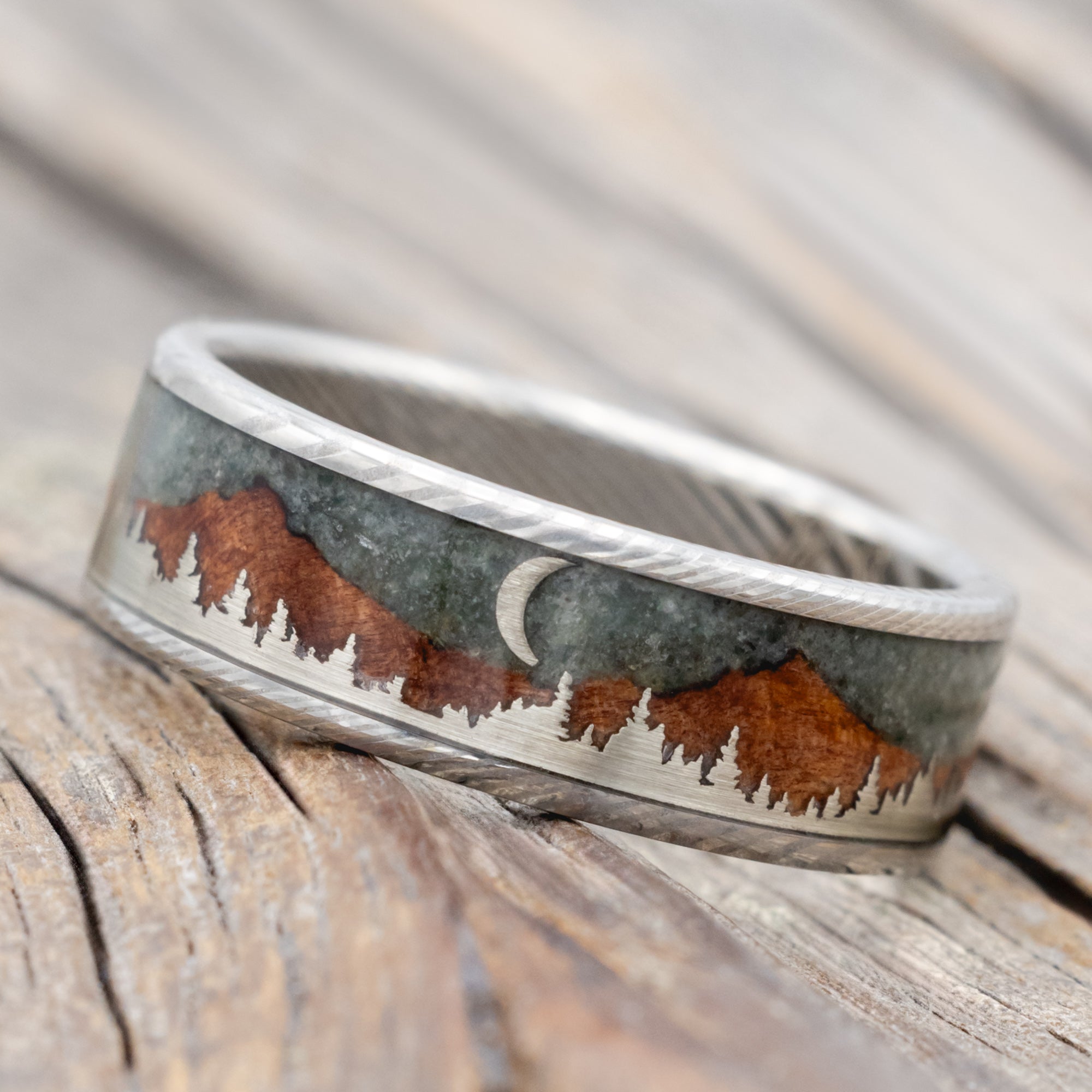 "Orion" - Moss Agate & Redwood Mountain Range Wedding Band With 14K Gold Tree & Crescent Moon Accents-Staghead Designs