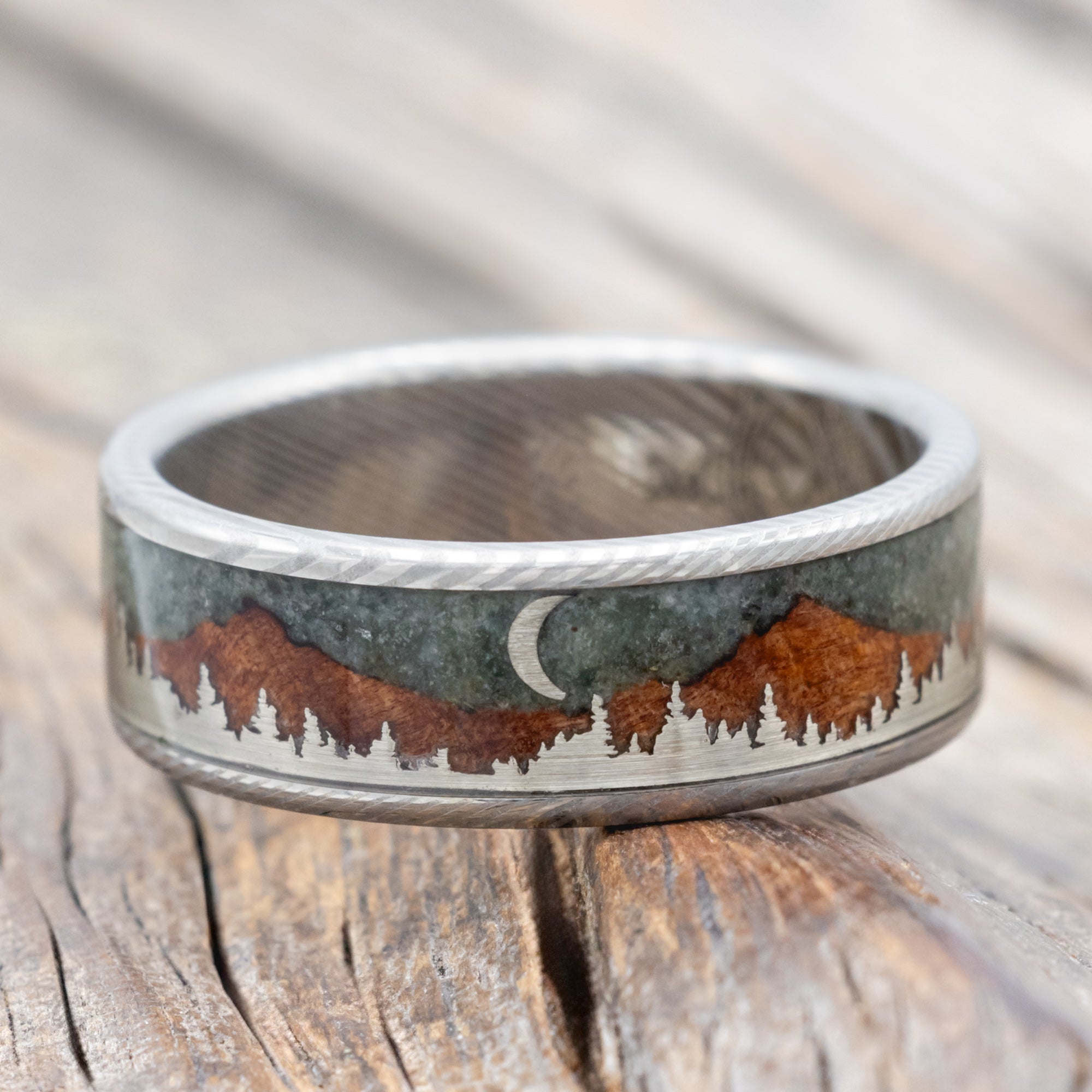 "Orion" - Moss Agate & Redwood Mountain Range Wedding Band With 14K Gold Tree & Crescent Moon Accents-Staghead Designs