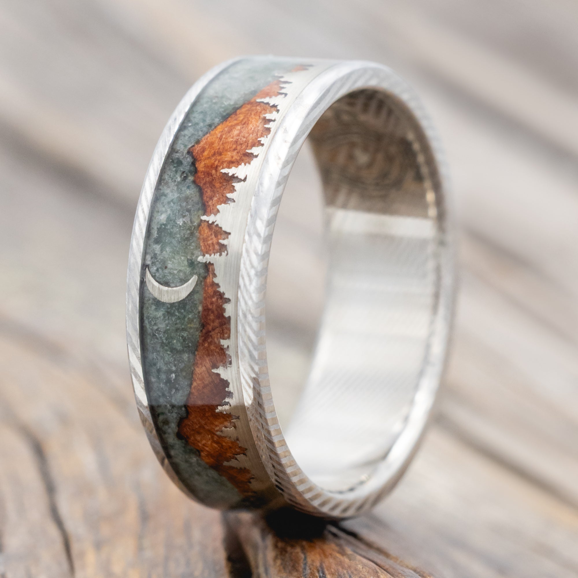 "Orion" - Moss Agate & Redwood Mountain Range Wedding Band With 14K Gold Tree & Crescent Moon Accents-Staghead Designs