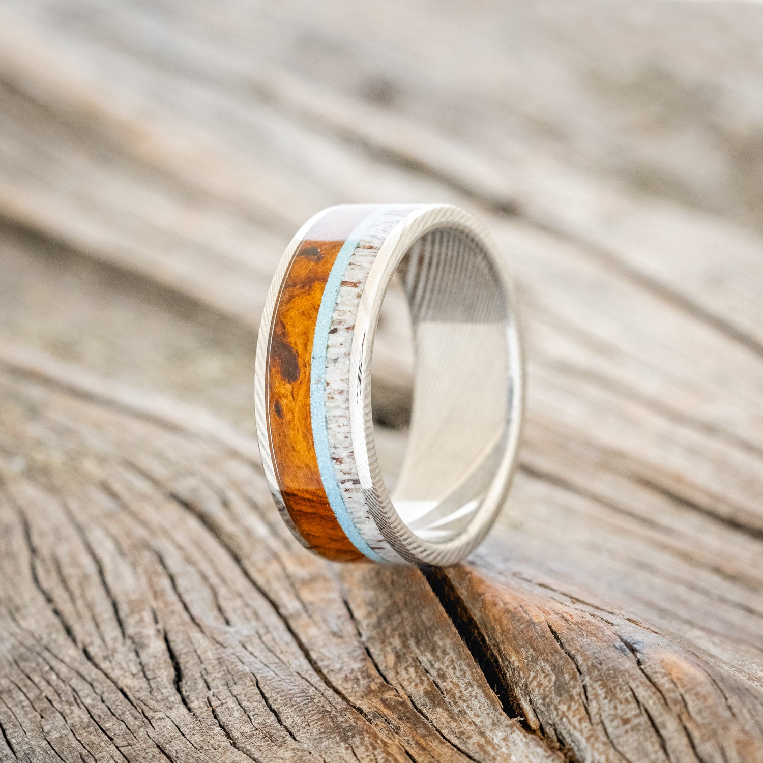 "RAINIER" - ANTLER, IRONWOOD & TURQUOISE WEDDING BAND - READY TO SHIP-8