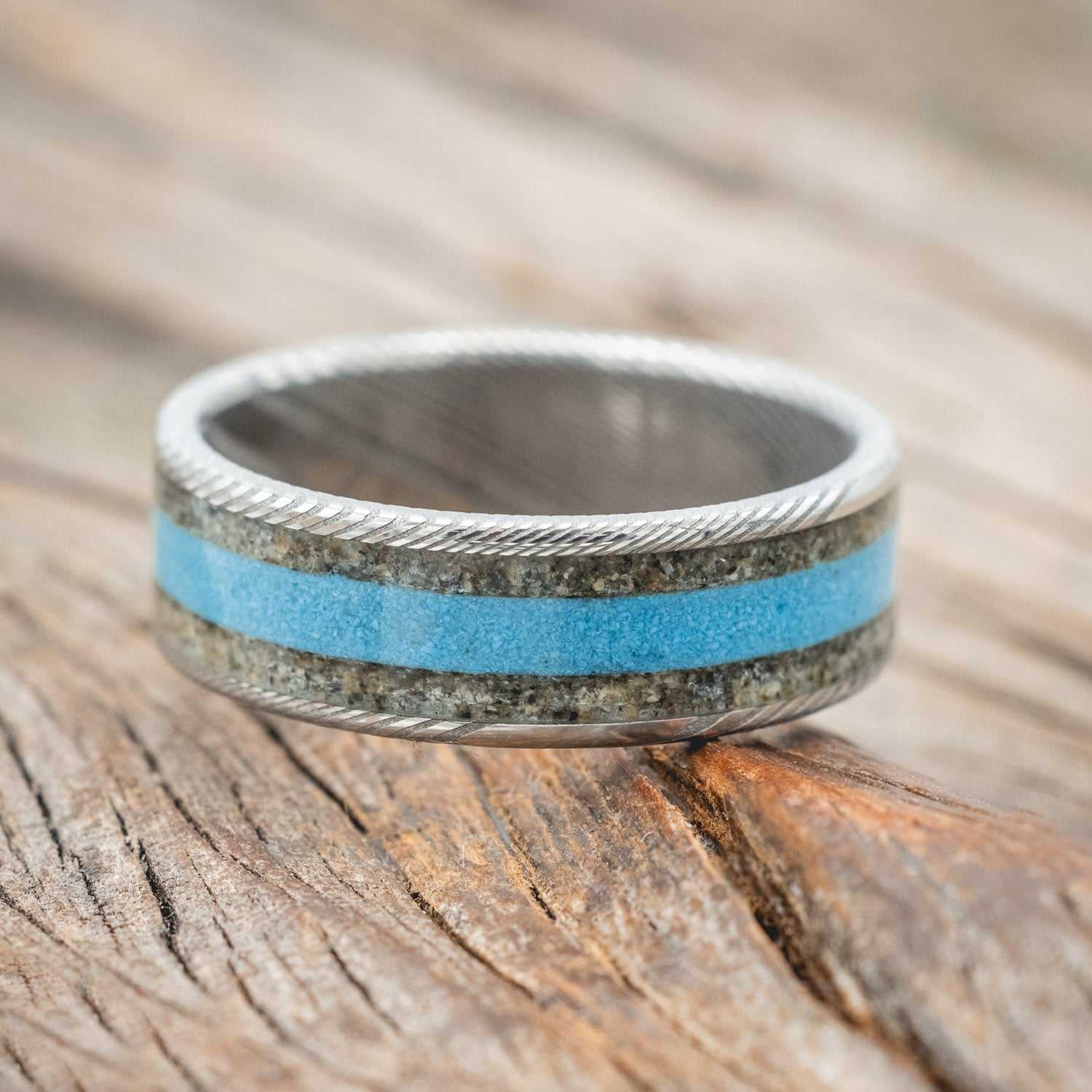 "RAINIER" - SAND & TURQUOISE INLAY WEDDING RING-Staghead Designs