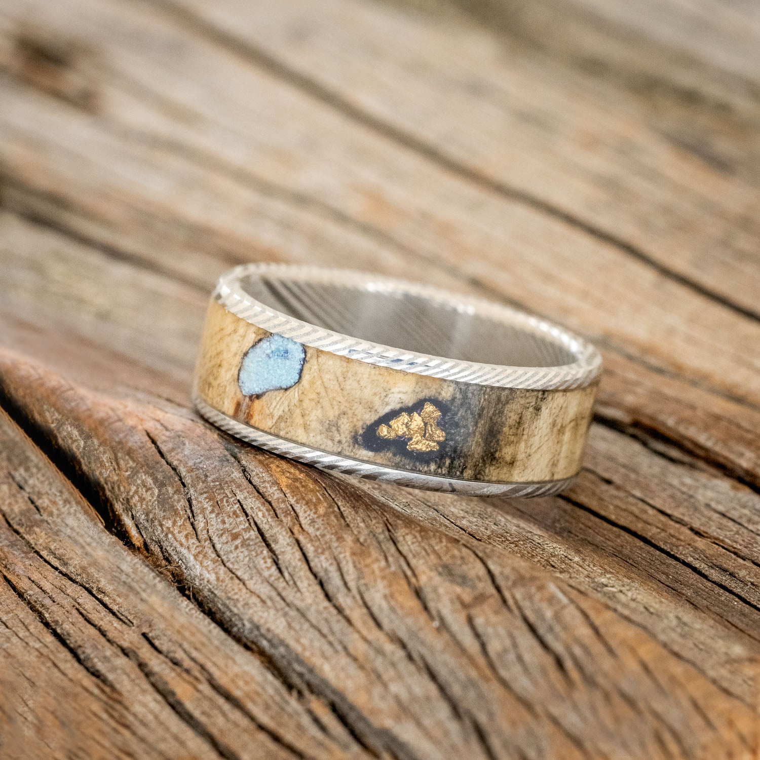"RAINIER" - BUCKEYE BURL WOOD, GOLD NUGGETS & TURQUOISE WEDDING BAND - READY TO SHIP-8