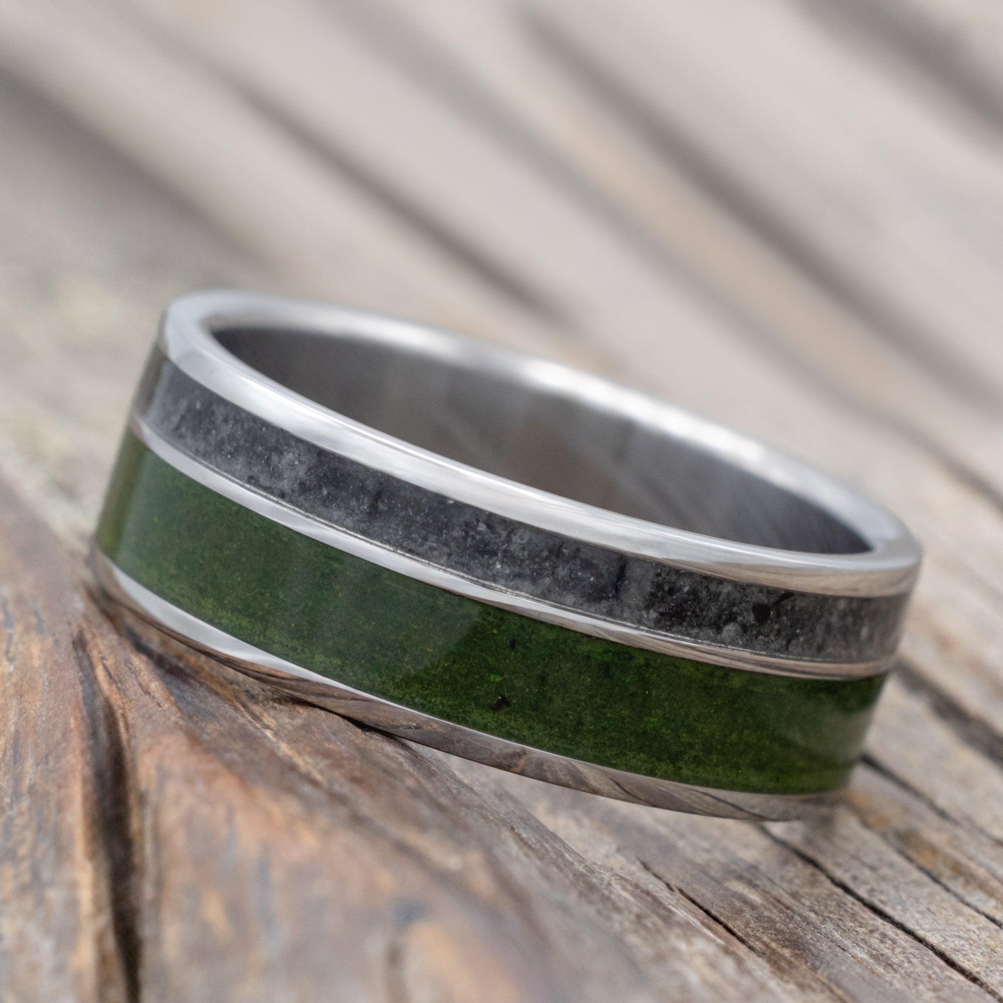 "Raptor" - Moss With Moldavite & Moonstone Mix Wedding Band-Staghead Designs