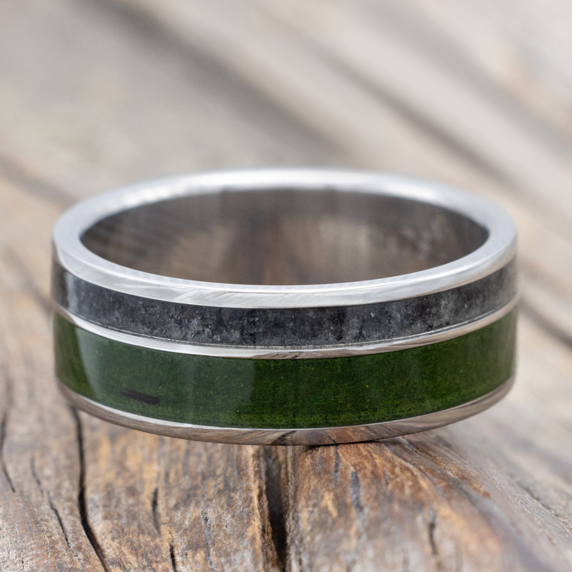 "Raptor" - Moss With Moldavite & Moonstone Mix Wedding Band-Staghead Designs
