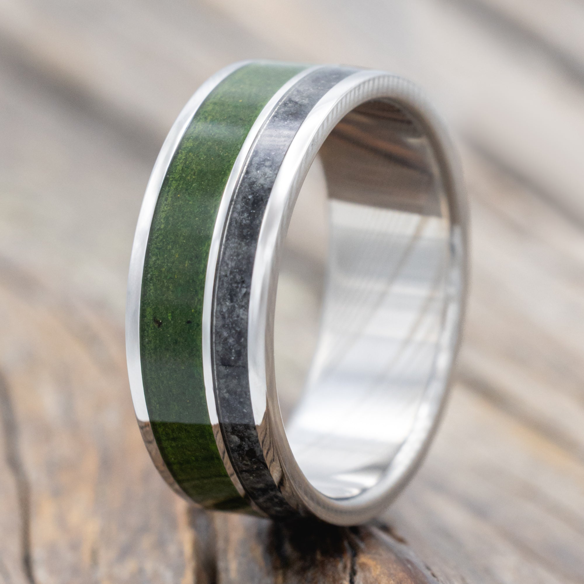 "Raptor" - Moss With Moldavite & Moonstone Mix Wedding Band-Staghead Designs