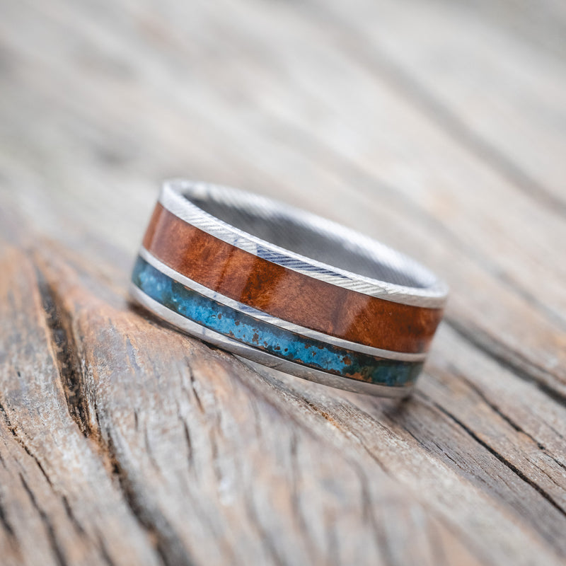 "RAPTOR" - PATINA COPPER & REDWOOD WEDDING RING-Staghead Designs