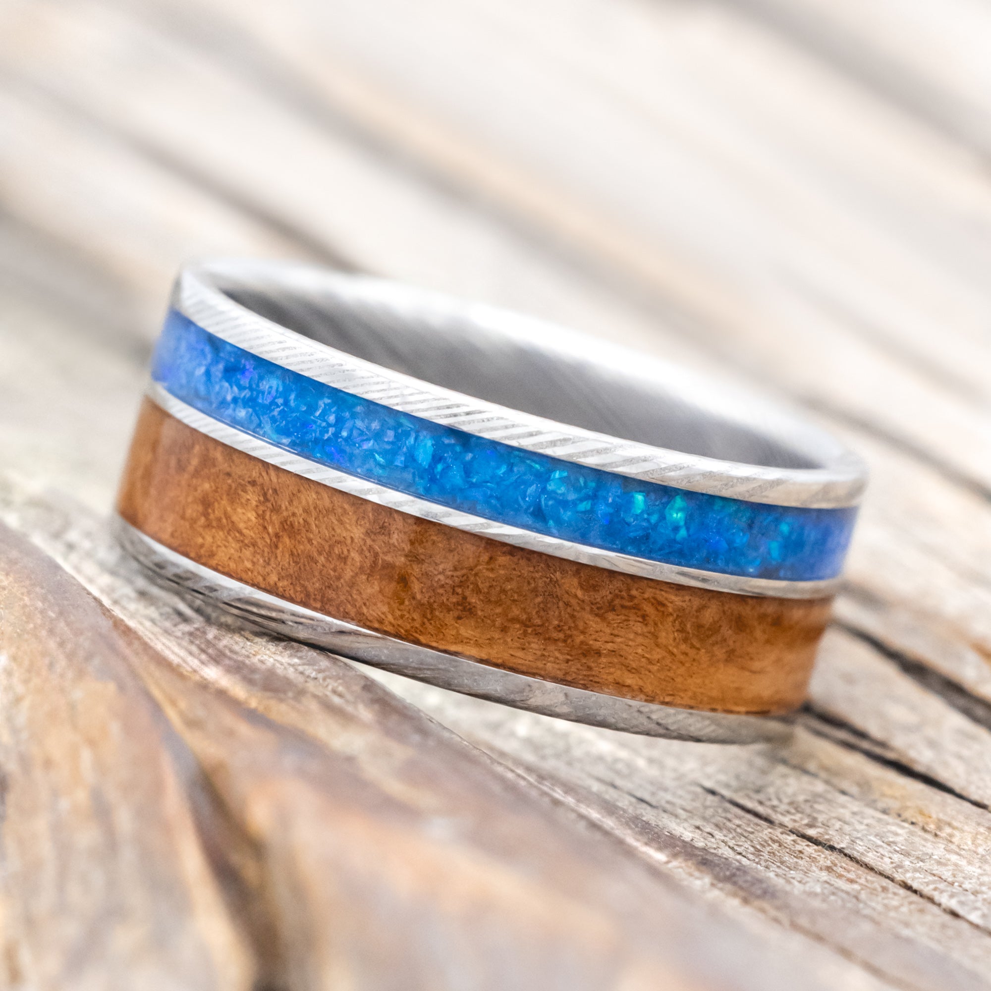 "RAPTOR" - REDWOOD & TURQUOISE WEDDING BAND-Staghead Designs