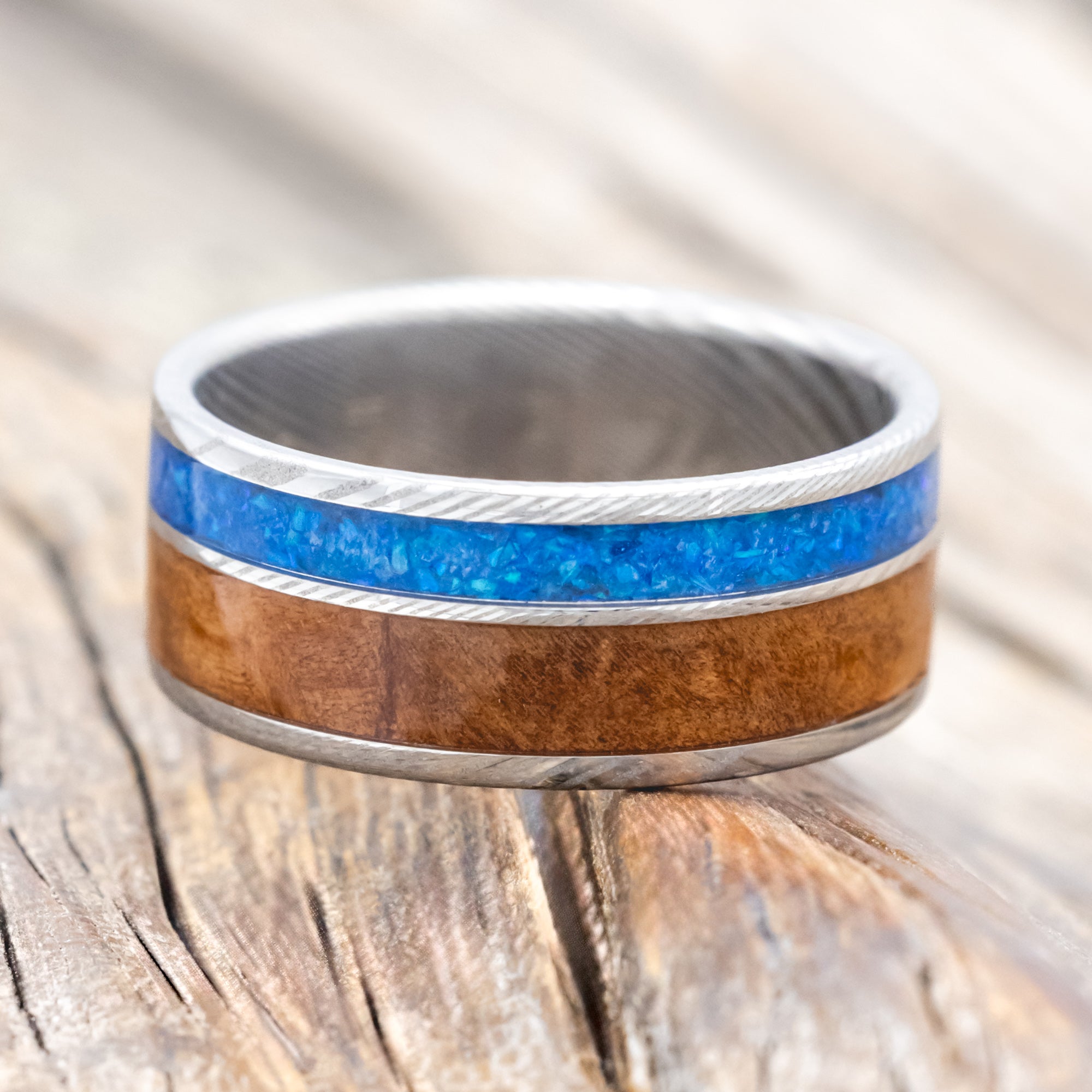 "RAPTOR" - REDWOOD & TURQUOISE WEDDING BAND-Staghead Designs