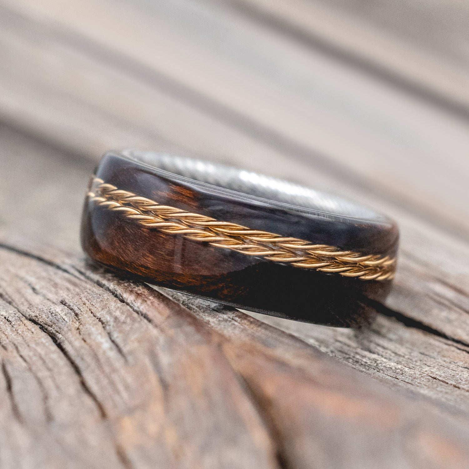 "REMMY" - IRONWOOD & OFFSET TWISTED YELLOW BRASS WEDDING BAND-Staghead Designs