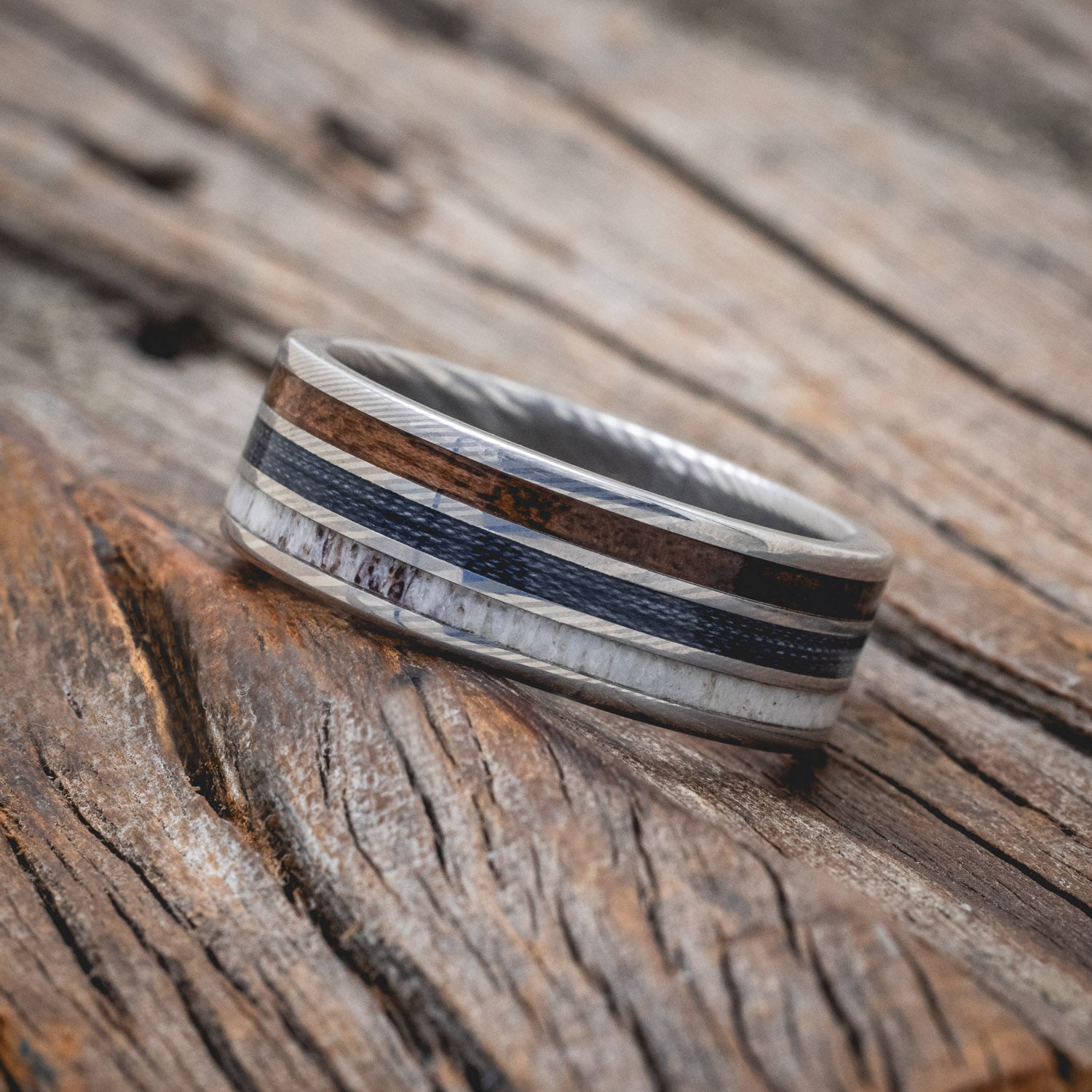 "RIO" - ANTLER, BLACK WALNUT & GREY FISHING LINE WEDDING BAND-Staghead Designs