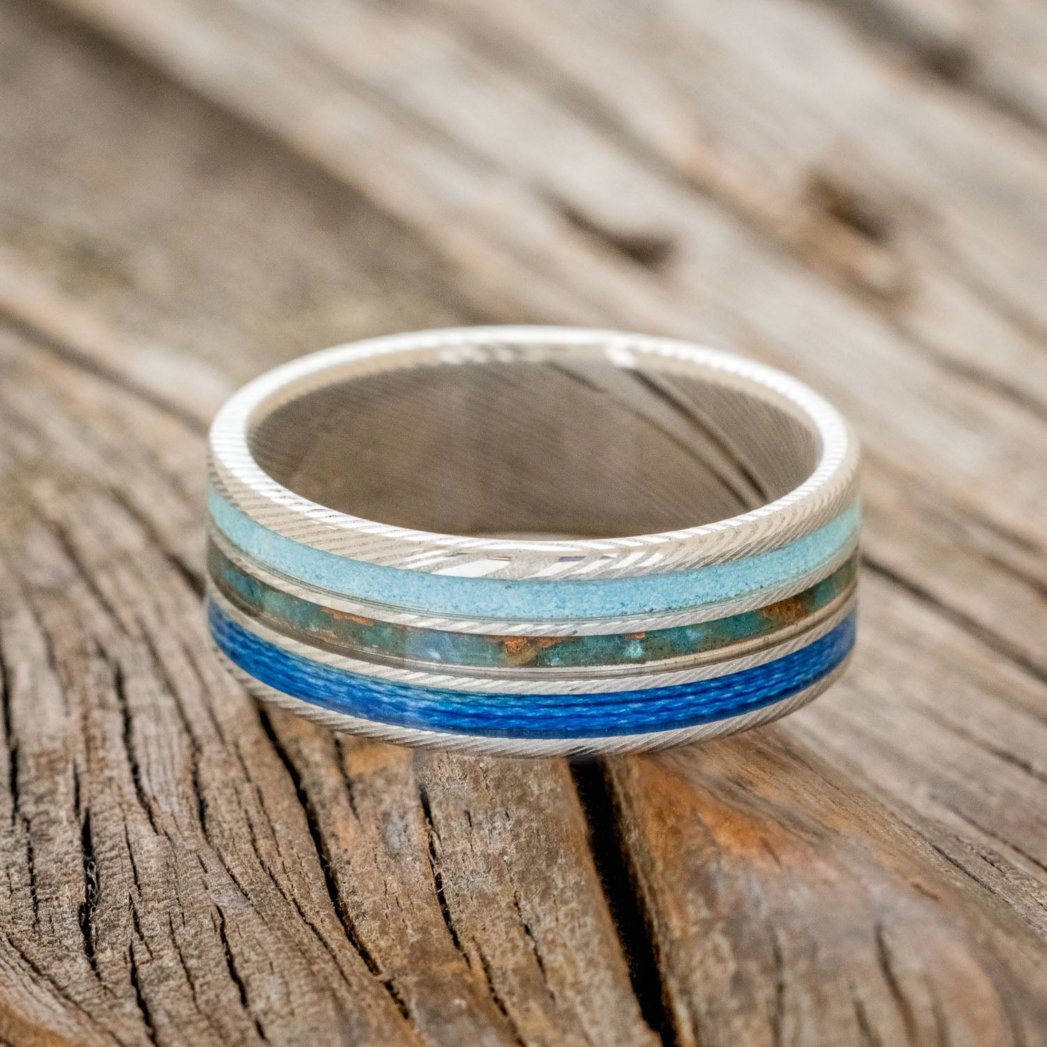 "RIO" - PATINA COPPER, TURQUOISE & BLUE FISHING LINE WEDDING BAND-Staghead Designs