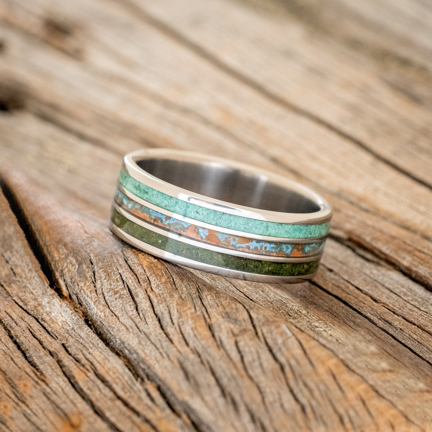 "RIO" - MOSS, PATINA COPPER & MALACHITE WEDDING BAND-2