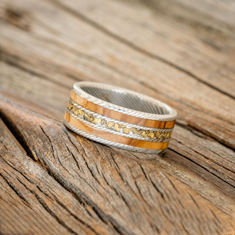 "RIO" - OLIVE WOOD & GOLD NUGGETS WEDDING BAND-5