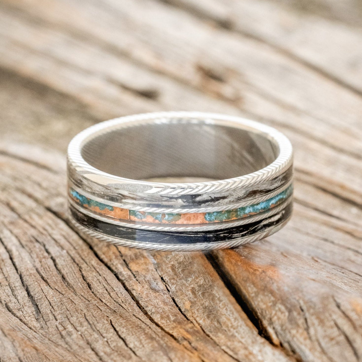 "RIO" - PATINA COPPER & DUCK FEATHER WEDDING BAND-6