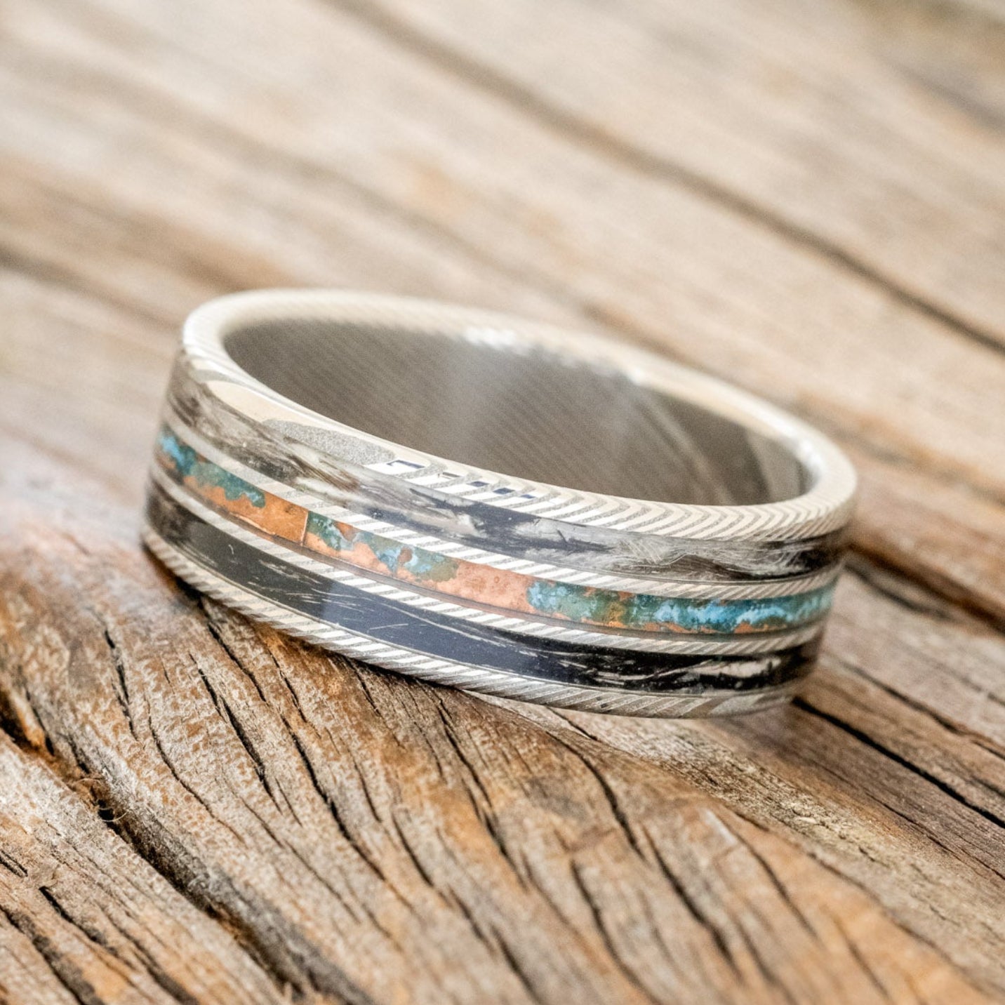 "RIO" - PATINA COPPER & DUCK FEATHER WEDDING BAND-5