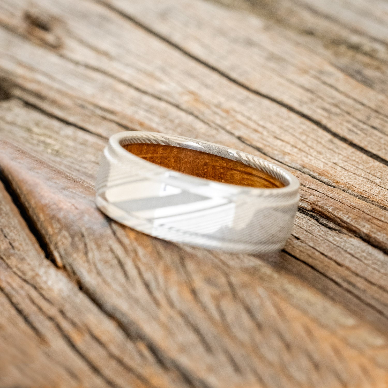 "SEDONA" - RAISED CENTER WEDDING BAND WITH WHISKEY BARREL LINING-15