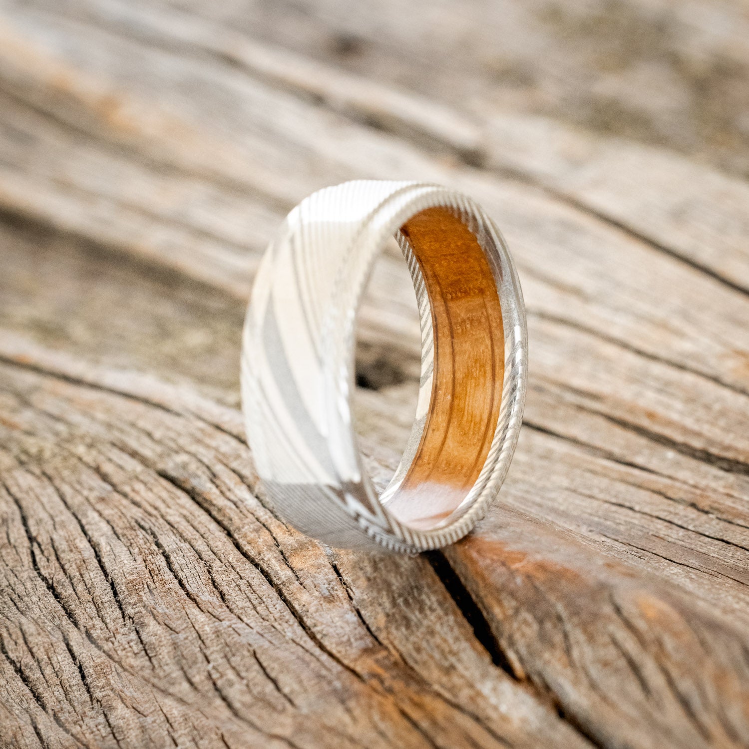 "SEDONA" - RAISED CENTER WEDDING BAND WITH WHISKEY BARREL LINING-14