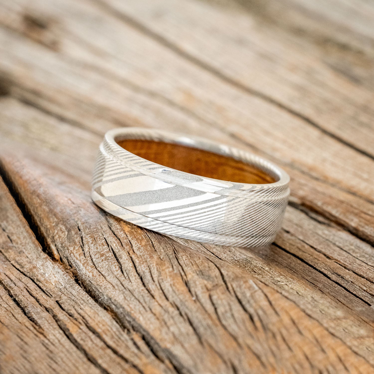 "SEDONA" - RAISED CENTER WEDDING BAND WITH WHISKEY BARREL LINING-12