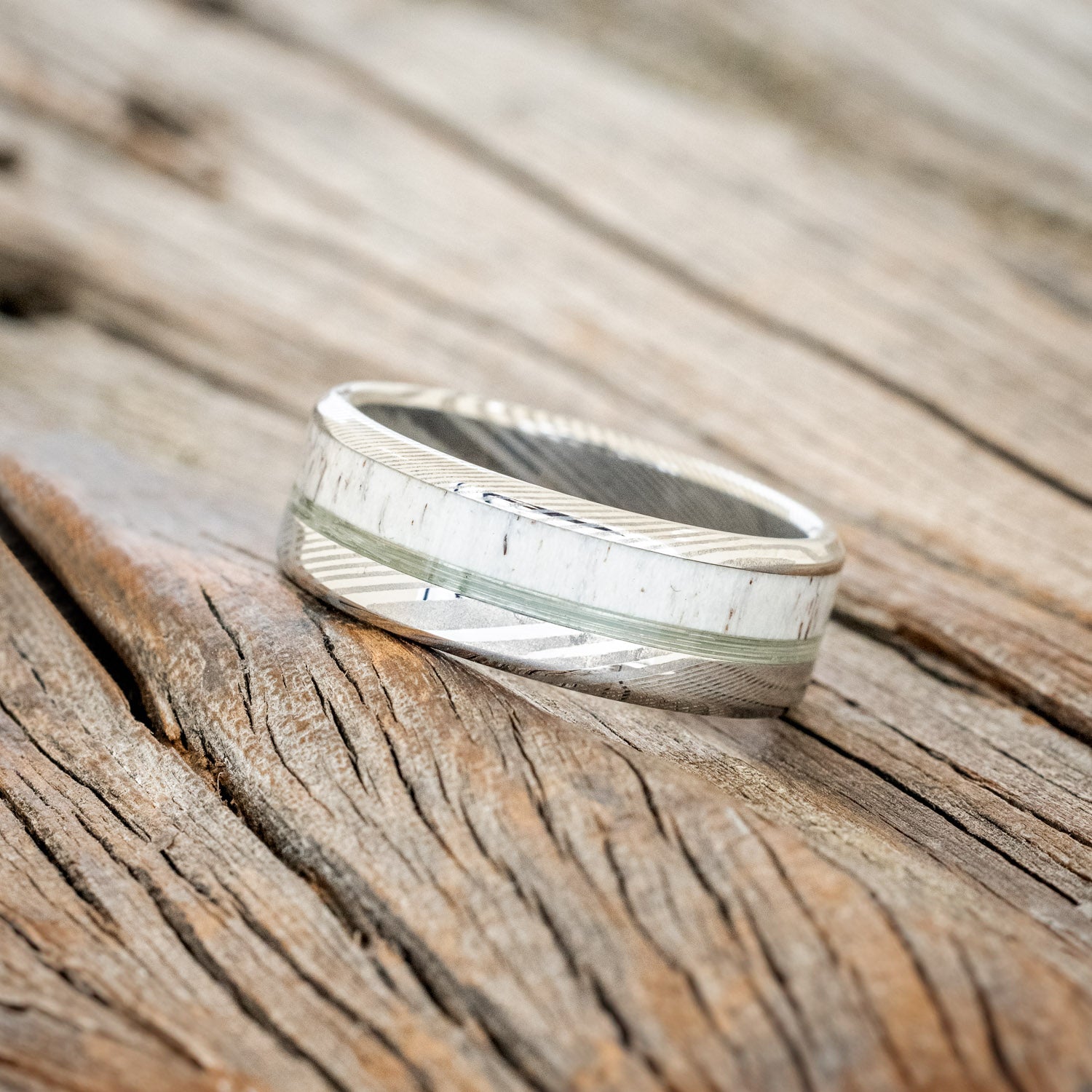 "TANNER" - CLEAR FISHING LINE & ANTLER WEDDING BAND-2